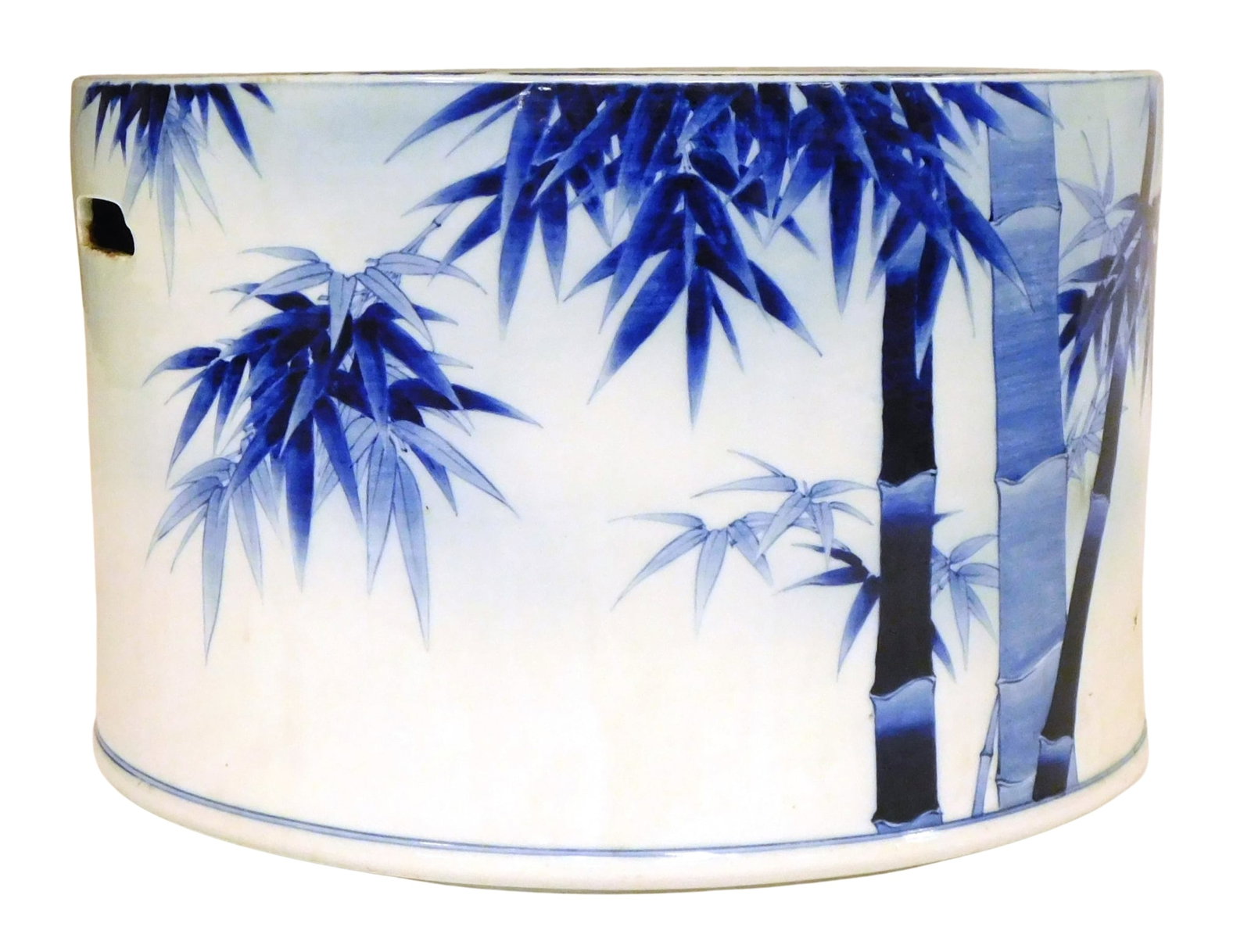 ASIAN: Japanese jardiniere/censer, Meji period or later, hand-painted blue and white bamboo (1 of 3)