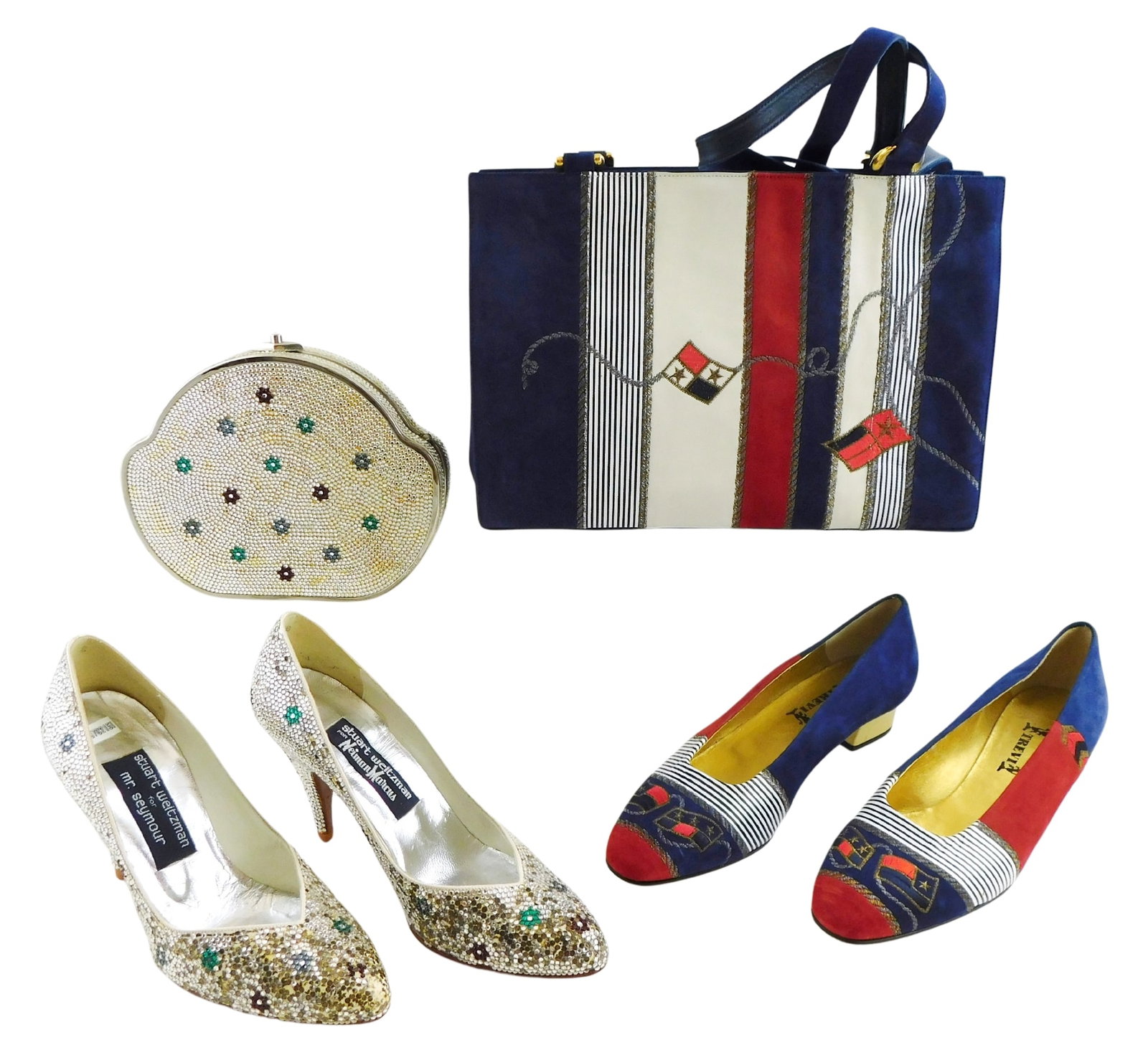 TEXTILES: Two pairs of shoes with matching purses, four total, 20th C., including Stuart Weitzman: TEXTILES: Two pairs of shoes with matching purses, four total, 20th C., including Stuart Weitzman for Neiman Marcus high heeled shoes, white and colored flower allover synthetic gemstones, wear to sol