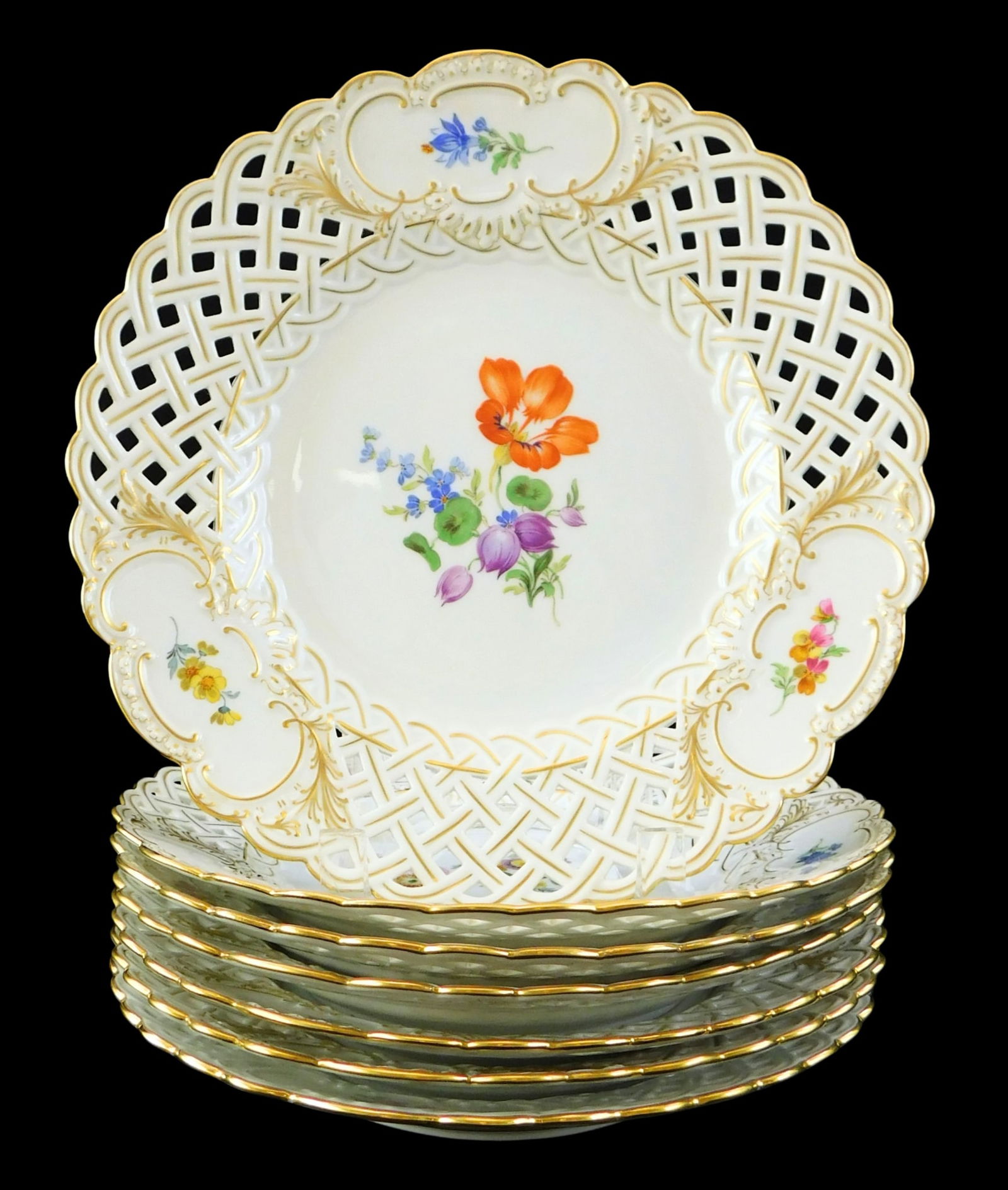 CHINA: Meissen reticulated porcelain plates, set of seven, all with varied hand-painted floral (1 of 6)