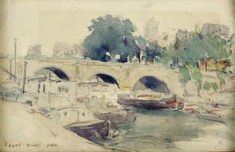 Frank Myers Boggs (American, 1855-1926), watercolor on paper, “Paris", study-like depiction of: Frank Myers Boggs (American, 1855-1926), watercolor on paper, “Paris", study-like depiction of bridge with three arches, several riverboats in foreground, signed lower left, hinged in mat and unfram