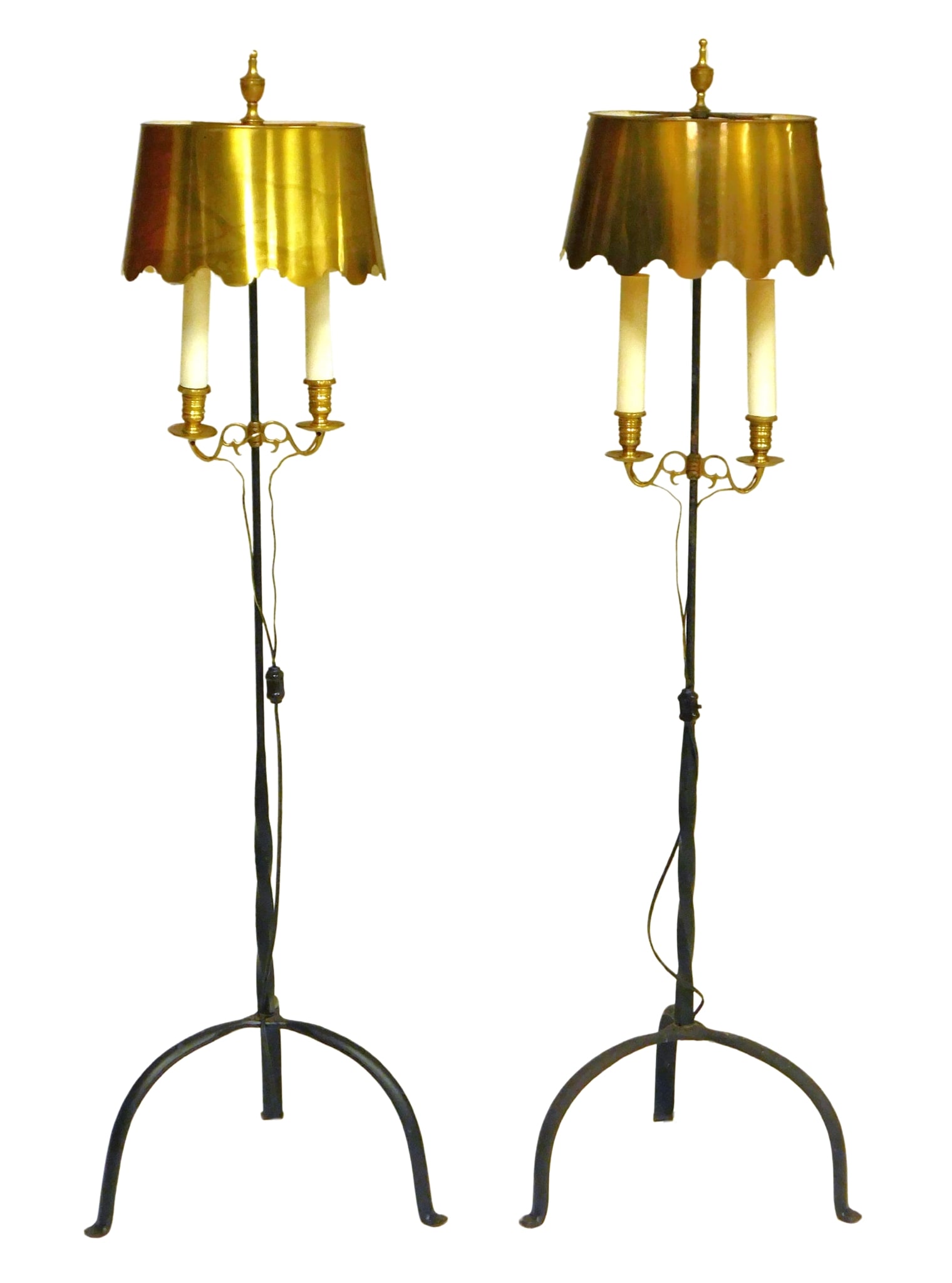Pair of traditional iron and brass floor lamps, 20th C., with brass urn finials and shades, (1 of 2)