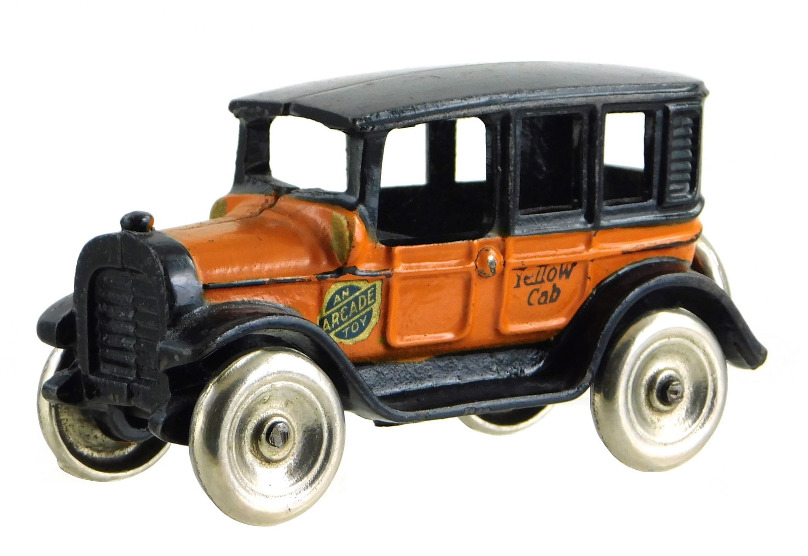 TOY: Arcade "Yellow Cab No. 3", c. 1925, cast iron painted double stripe orange and black taxicab, (1 of 5)