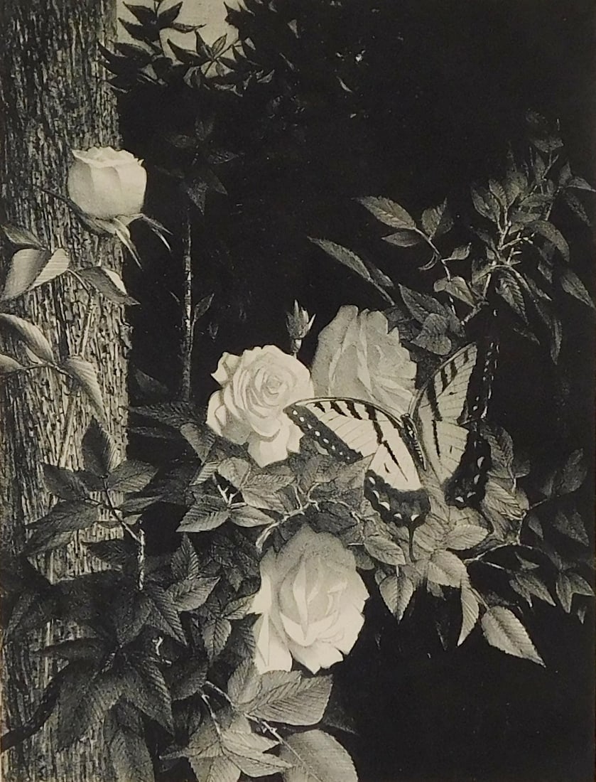 Stow Wengenroth (American, 1906-1978), "Memory", 1971, lithograph, depicts roses and butterfly by (1 of 3)