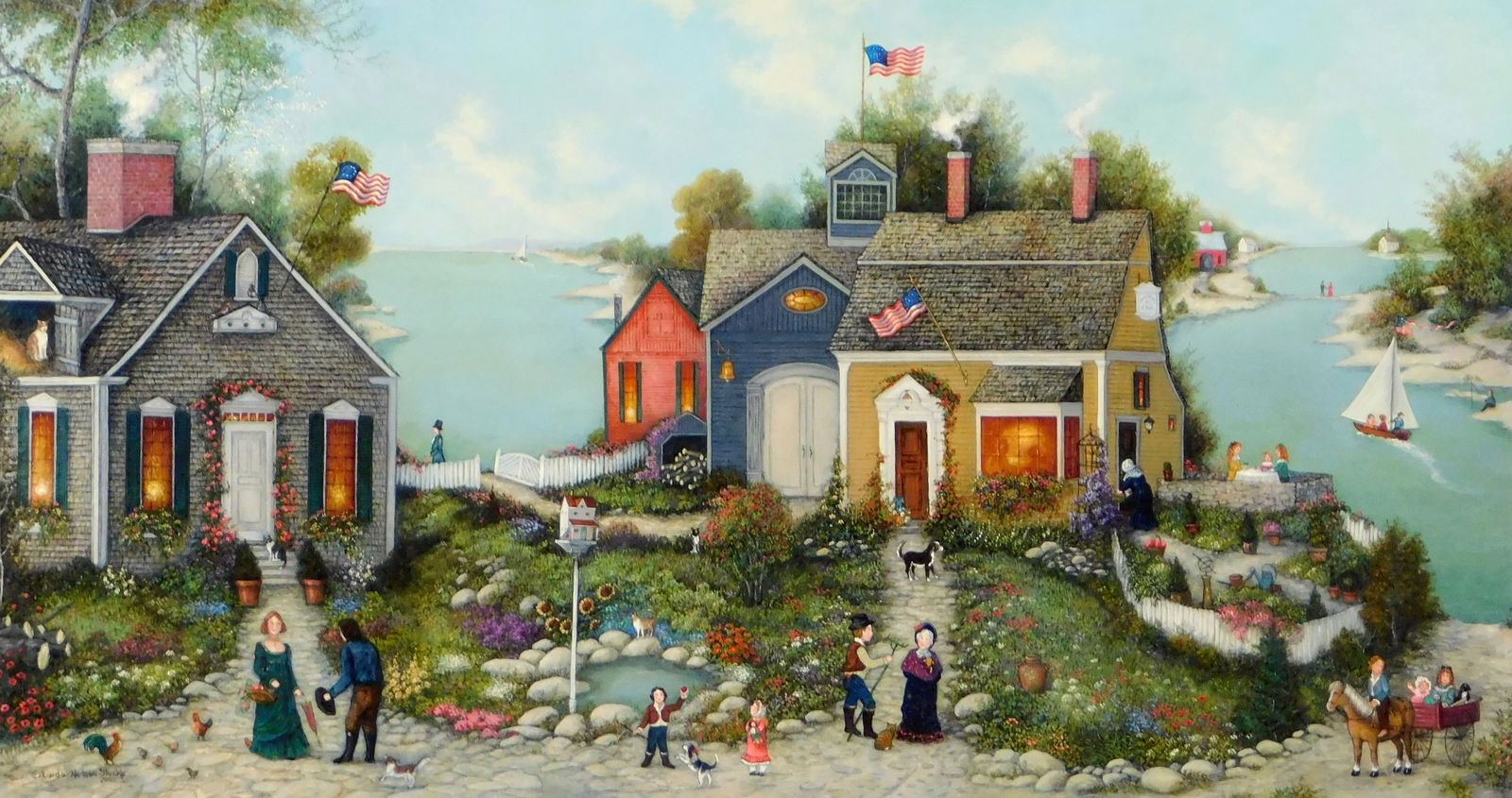 Linda Nelson Stocks (American, 1938-2011), “Untitled (Village on the Water)", 2002, oil on (1 of 4)