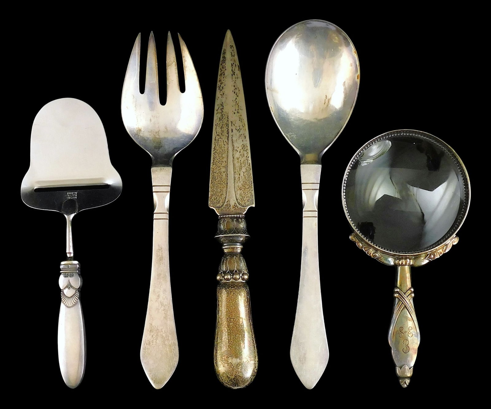 STERLING: Georg Jensen sterling silver serving pieces and desk accessories, five pieces, all stamped (1 of 6)