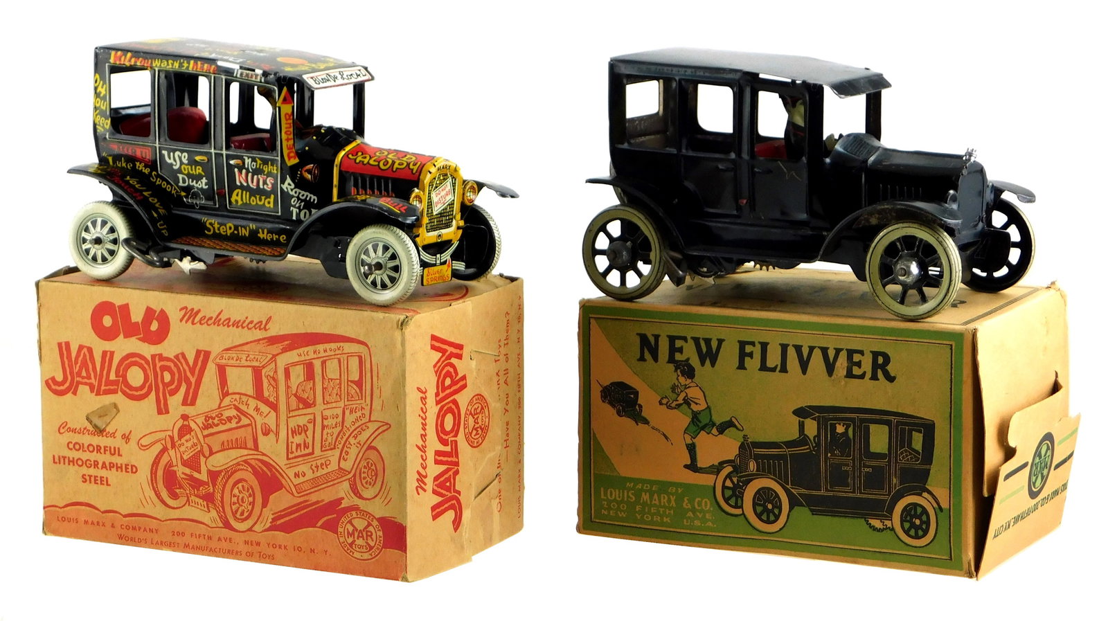 TOYS: Two Marx mechanical key winding toy cars, early-mid 20th C., each with lithograph decoration, (1 of 5)