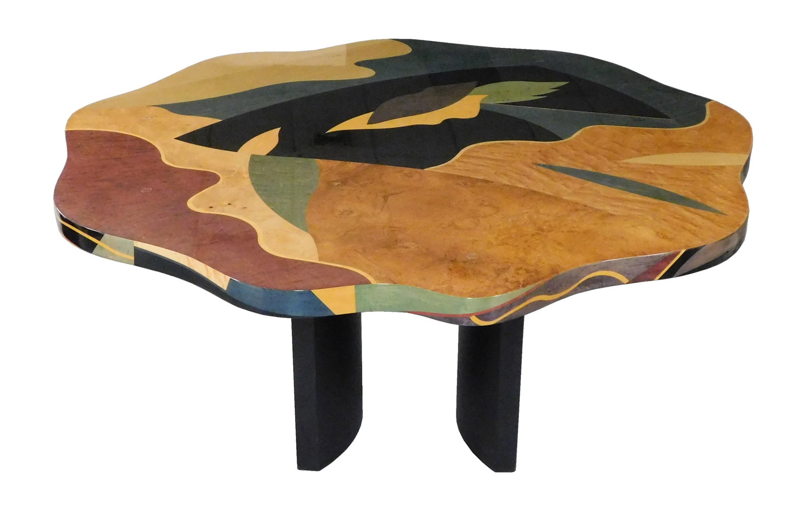 +Carlo Malnati (Italian, 20th C.) dining table, c. 1975-85, signed by artist to top, inlaid figured (1 of 2)