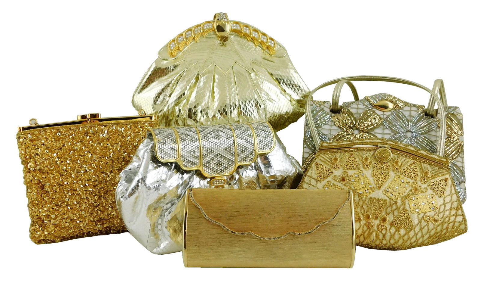 VINTAGE: Six assorted metallic purses, 20th C., details include: accordion box bag with gold and (1 of 3)