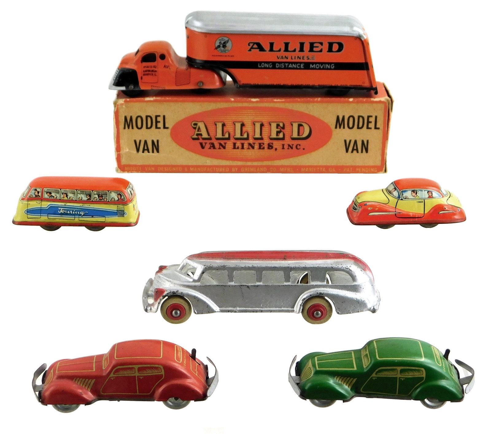 TOYS: Hubley, Technofix, Grimland, etc., Six toy vehicles, early-mid 20th C., four with key wound (1 of 4)