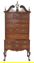+Margolis Chapin design Highboy/ High Chest, Connecticut, c. 1930, cherry, bonnet top reproduction