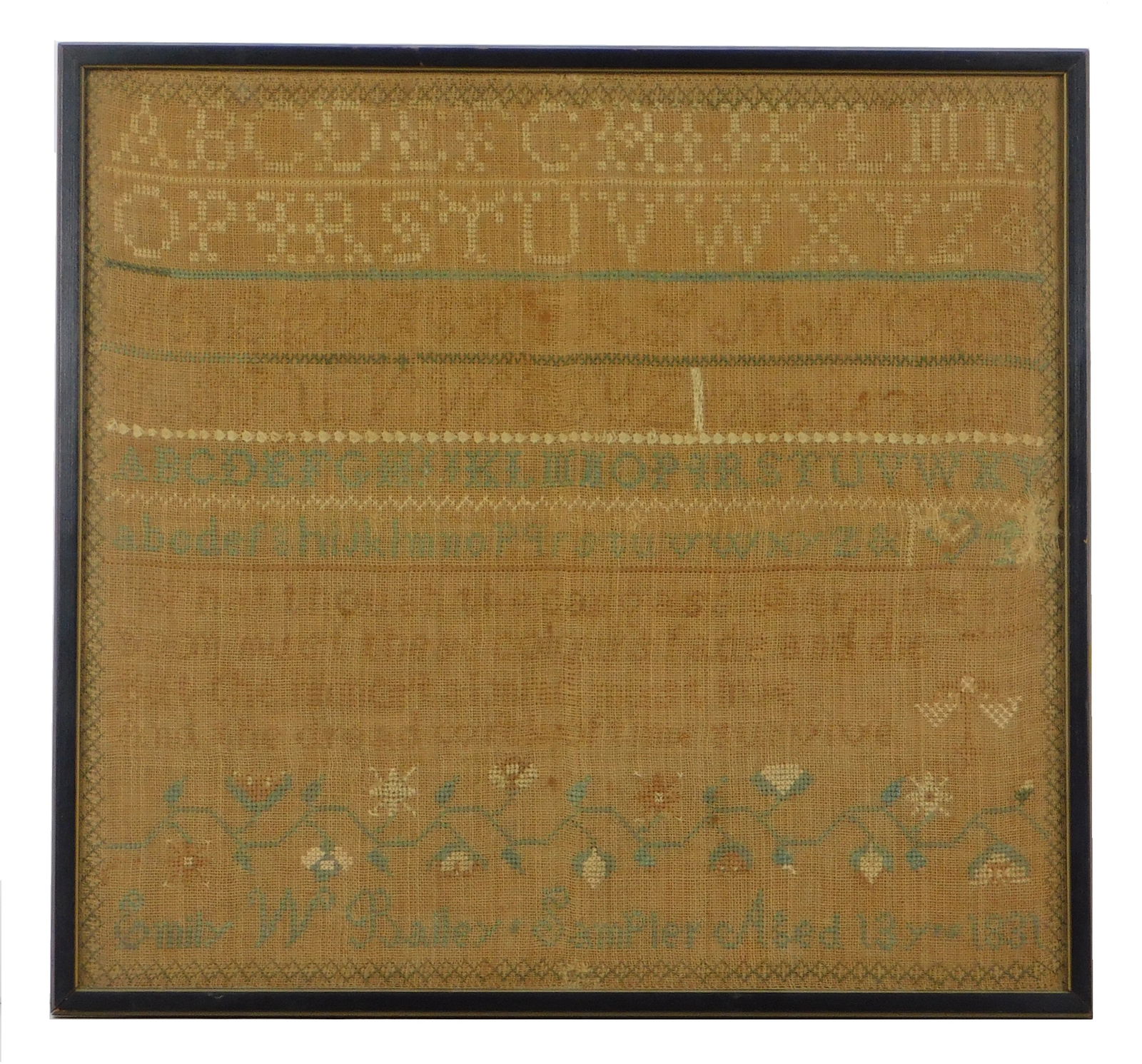 SAMPLER: 1831 American cross-stitch sampler by Emily W. Bailey, aged 13 years, silk thread on linen: SAMPLER: 1831 American cross-stitch sampler by Emily W. Bailey, aged 13 years, silk thread on linen or canvas, alphabet in different fonts, numbers and poem in rows from top, some imperfections and/or