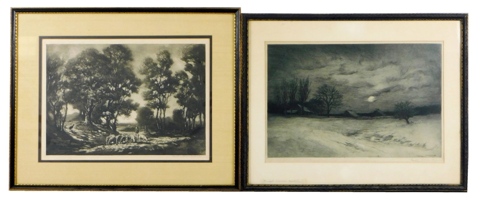 Gustave Adolph Hoffman (Connecticut, 1869-1945), two pencil-signed etchings, including: "Moonlight: Gustave Adolph Hoffman (Connecticut, 1869-1945), two pencil-signed etchings, including: "Moonlight Snow Scene", 1912, depicts open fields of snow with farmhouse and barns silhouetted by moon at center