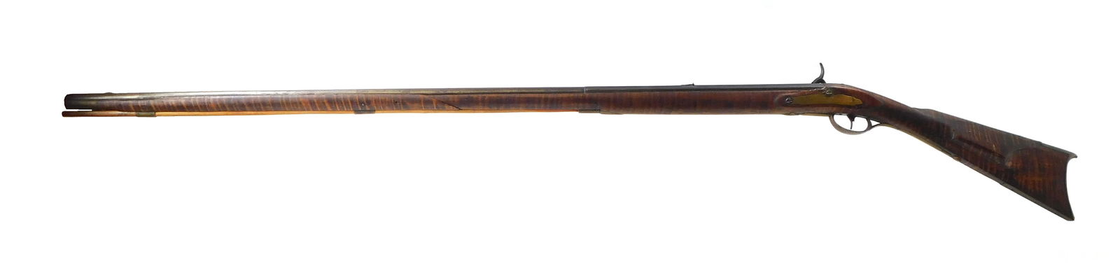 WEAPON: 19th C. percussion rifle, 44" l. barrel, c. 1840-50, tiger maple stock, set trigger, lock: WEAPON: 19th C. percussion rifle, 44" l. barrel, c. 1840-50, tiger maple stock, set trigger, lock works, wear consistent with age and use, including multiple cracks and repairs. [Property of a Connect