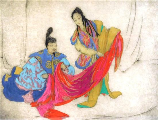 Elyse Ashe Lord (England, 1900-1971), colored etching, Asian man and woman in colorful clothing, man: Elyse Ashe Lord (England, 1900-1971), colored etching, Asian man and woman in colorful clothing, man sits on ground examining pink and red cloth while woman stands next to him holding it up, signed in