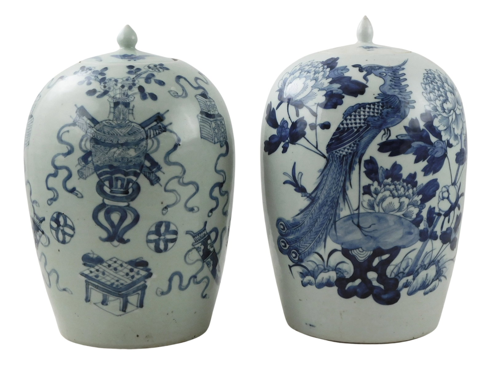 ASIAN: Pair of tall Chinese ginger jars with lids, Qing dynasty or later, stoneware with cobalt: ASIAN: Pair of tall Chinese ginger jars with lids, Qing dynasty or later, stoneware with cobalt decoration, one with blue peacock and flowers, the other with depictions of a vase with flowers, crates,