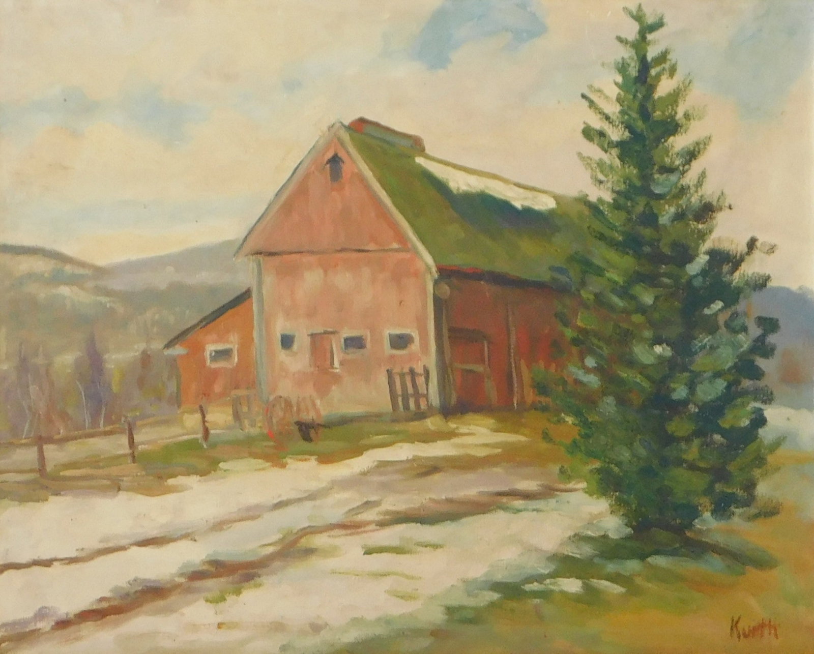 Otto J. Kurth (American/ German, 1883 - 1965), "South Britain, Conn", oil on canvas board, red barn: Otto J. Kurth (American/ German, 1883 - 1965), "South Britain, Conn", oil on canvas board, red barn and pine tree, signed lower right, title verso, framed, wear consistent with age, ss: 15 1/2" h. x 1