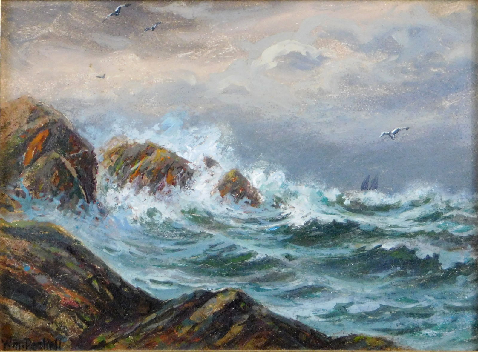 William Frederick Paskell (1866 - 1951), "Surf", oil on board, signed lower left, depicts waves: William Frederick Paskell (1866 - 1951), "Surf", oil on board, signed lower left, depicts waves crashing against rocks, grey sky with ship in the distance, in gilded and molded frame, wear consistent