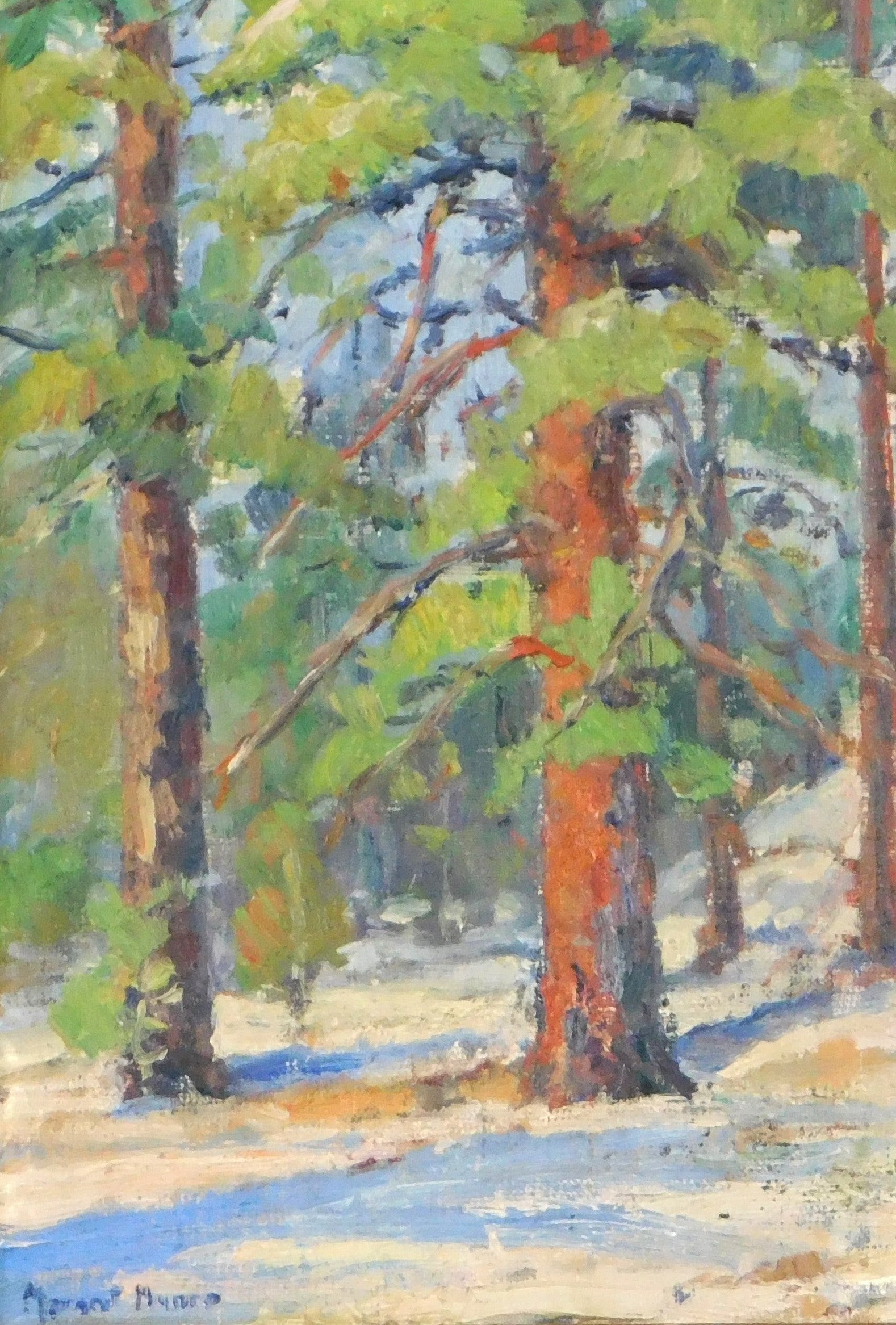 Margaret Munro Stratton McLennan (American, 1911 - 1995) winter landscape, oil on canvas board,: Margaret Munro Stratton McLennan (American, 1911 - 1995) winter landscape, oil on canvas board, signed lower left, framed, artist name, and artist label verso along with pen inscription on backing pap