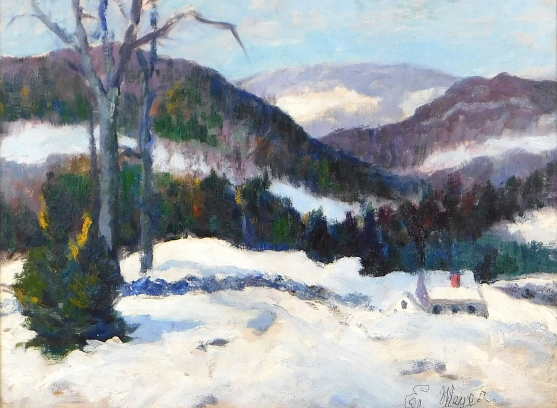 Ernest Frederick Meyer (1863 - 1952) "Haddam Hills", double sided oil on wood panel, one side: Ernest Frederick Meyer (1863 - 1952) "Haddam Hills", double sided oil on wood panel, one side depicting a snowy scene, signed in ink lower left, along with a second signature or inscription lower righ