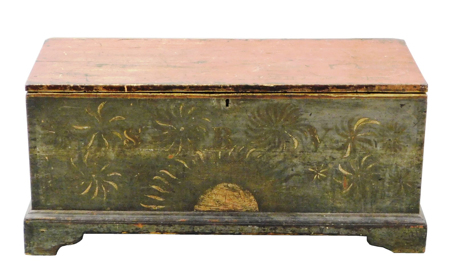 Blanket Chest, American, 18th/19th C., pine, dovetail case and foot construction, till, top in worn: Blanket Chest, American, 18th/19th C., pine, dovetail case and foot construction, till, top in worn red paint, interior white, case with early blue and white paint with initials "SBV", top replaced, w