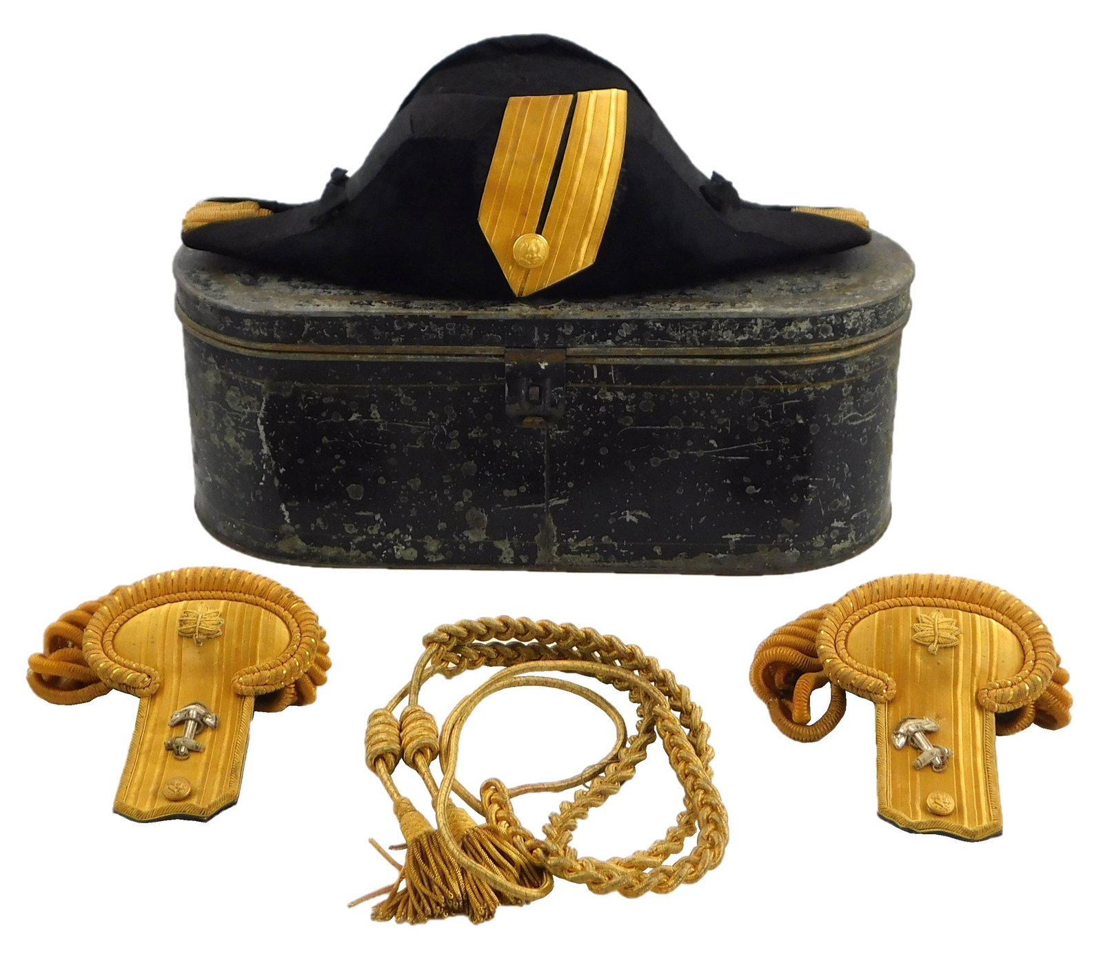 MILITARY: Naval officer uniform elements, late 19th/early 20th C., possibly WWII-era, bicorn hat,: MILITARY: Naval officer uniform elements, late 19th/early 20th C., possibly WWII-era, bicorn hat, epaulettes, and rope belt, Naval officer’s hat with golden accents and brass button, epaulettes with