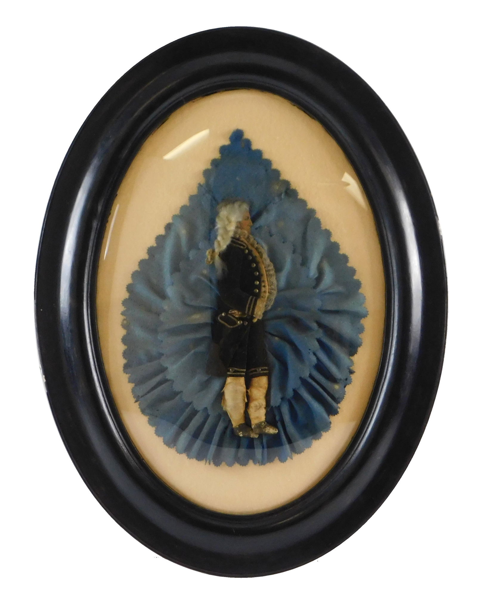Oval framed "George Washington" memorial collage, hand made, constructed using wool for his hair,: Oval framed "George Washington" memorial collage, hand made, constructed using wool for his hair, illustrated paper for the face, and various cloth and lace trimmings for his clothes and background, f