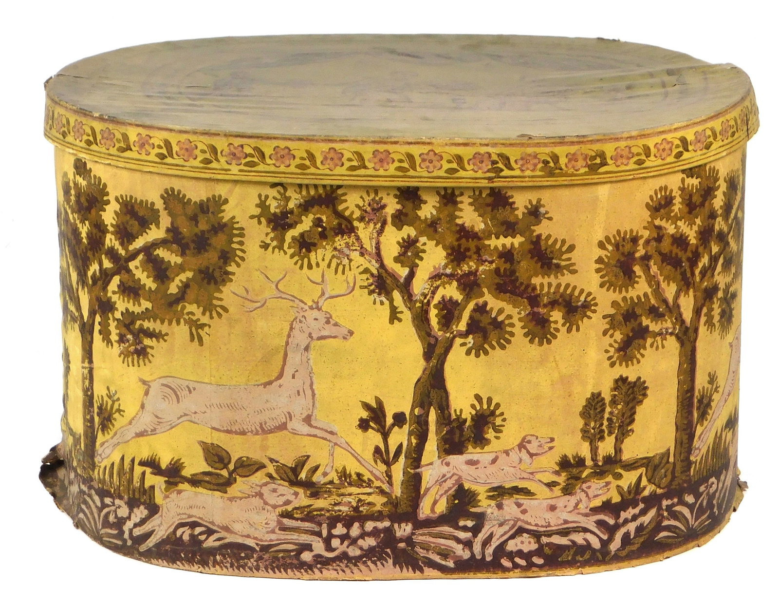 Band Box, early-mid 19th C., wrapped in hunting themed wallpaper, with white dogs and buck running: Band Box, early-mid 19th C., wrapped in hunting themed wallpaper, with white dogs and buck running through a forest, yellow background, and a genre seen on lid depicting a couple sitting with a boy ne