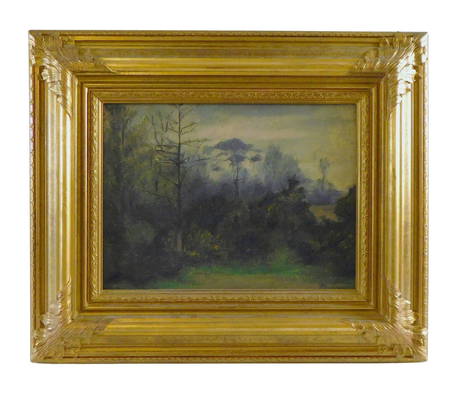 Oil on canvas landscape of forest clearing, signed "Leon Dabo" with "AB" monogram, in tones of blue,: Oil on canvas landscape of forest clearing, signed "Leon Dabo" with "AB" monogram, in tones of blue, green, and grey with accents of marigold yellow, in gilded and molded frame, wear consistent with a