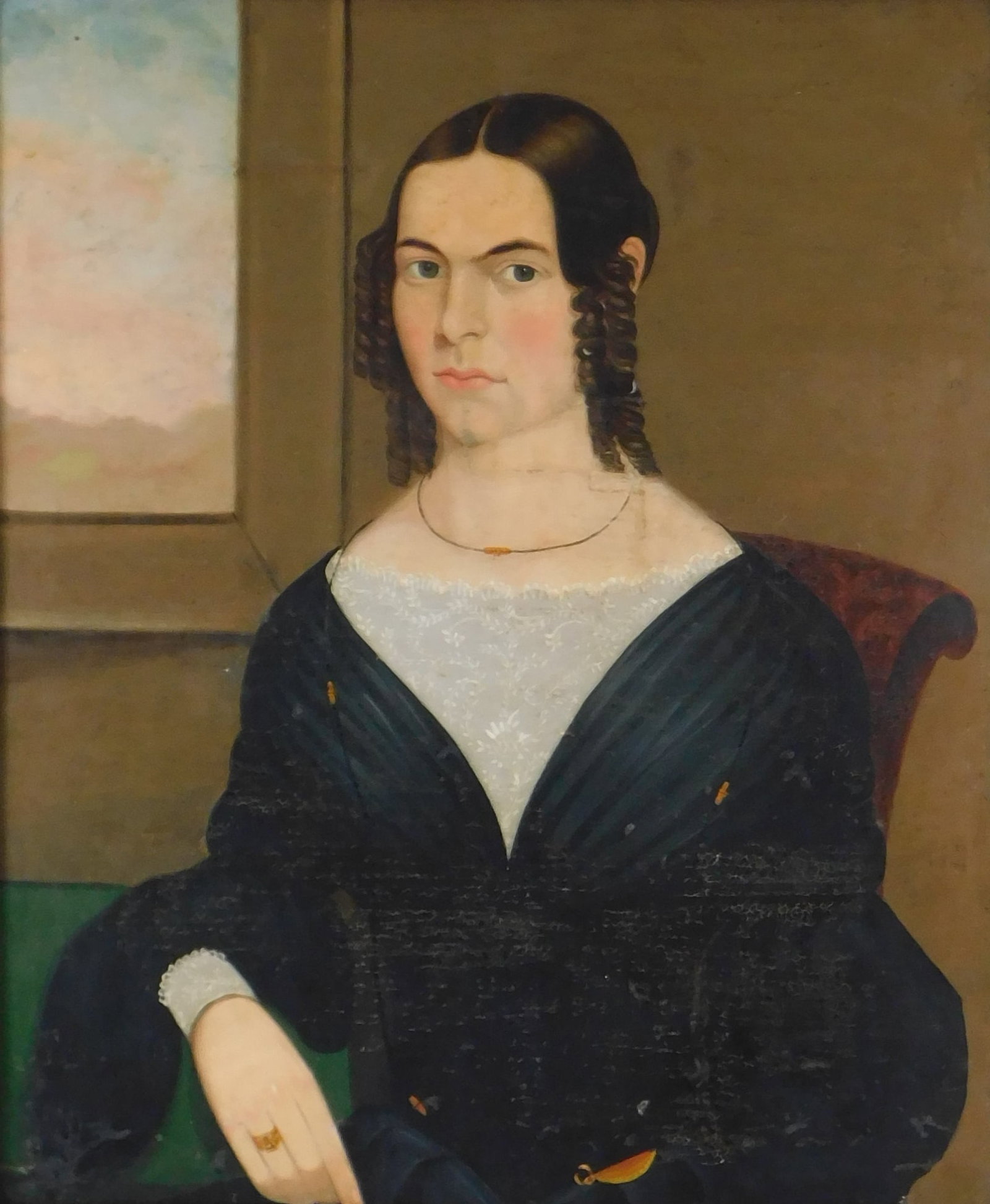Primitive portrait of a woman, late 19th C. or later, oil on canvasboard, woman in 19th C. attire: Primitive portrait of a woman, late 19th C. or later, oil on canvasboard, woman in 19th C. attire with ringlets, sitting in a red chair by a window, with jewelry on her hand and neck, framed, wear con