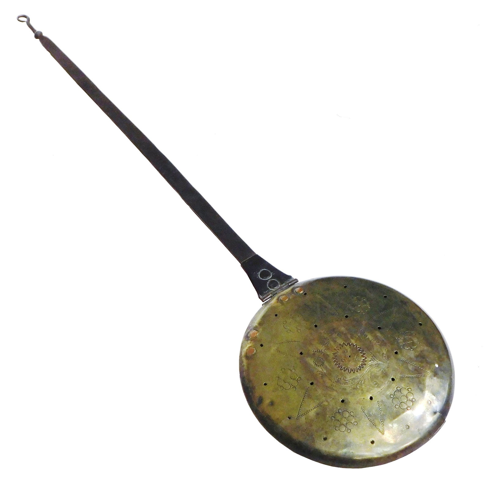 Warming Pan, early 18th C., brass and iron, American, stamped and punch decorated lid, wrought iron: Warming Pan, early 18th C., brass and iron, American, stamped and punch decorated lid, wrought iron handle with crook top, copper throughs, similar to Nutting #4067, lid possible early marriage to bow