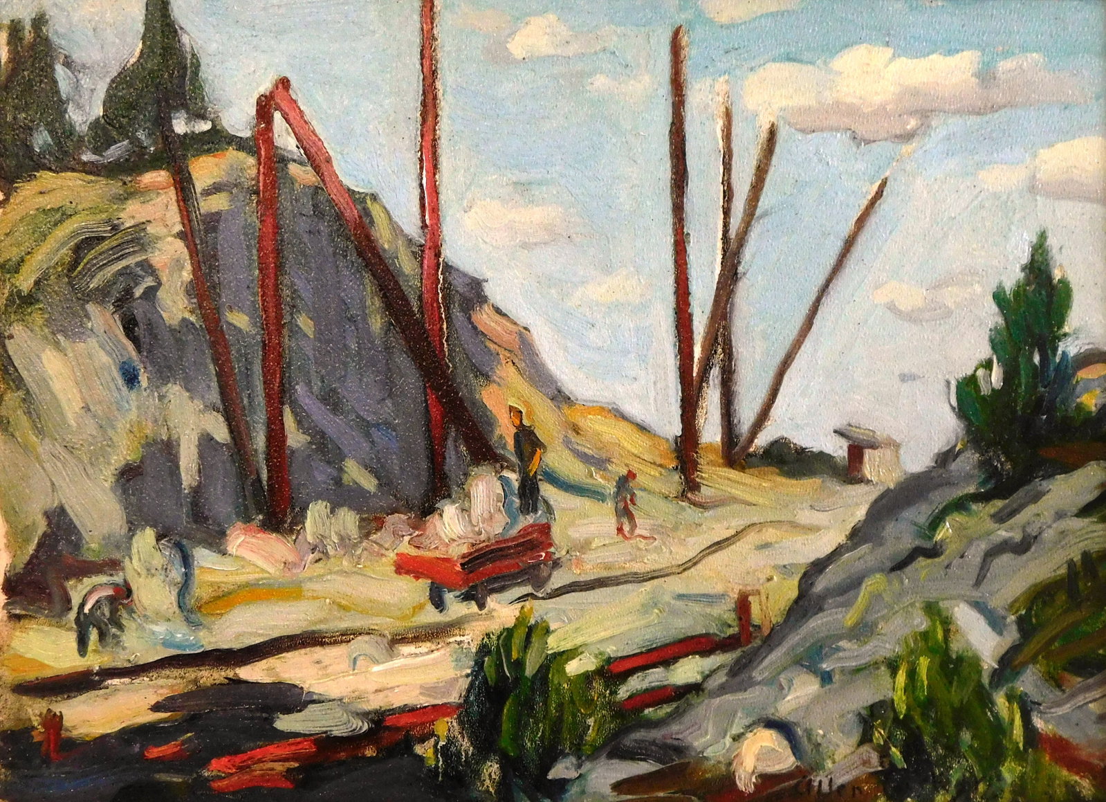Allen Tucker (American, 1866 - 1939) "Granite Mining" oil on artist board, figures work in a quarry: Allen Tucker (American, 1866 - 1939) "Granite Mining" oil on artist board, figures work in a quarry with a bright blue sky above, signed lower right, gilt frame, ss: 9" h. x 12 1/2" w.