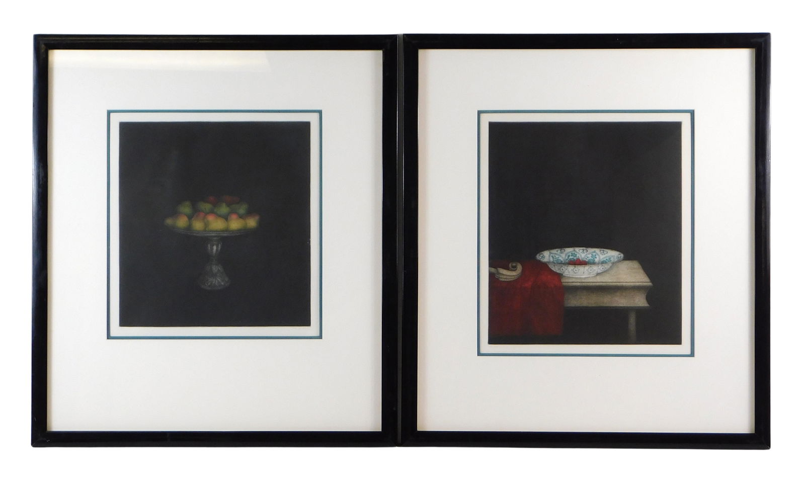 Two 20th C. aquatint still lifes, each signed lower right "T. York" or similar, details include:: Two 20th C. aquatint still lifes, each signed lower right "T. York" or similar, details include: "Bowl", depicting berries in bowl on white table with red table cloth; "Pears", depicting a tray of pea