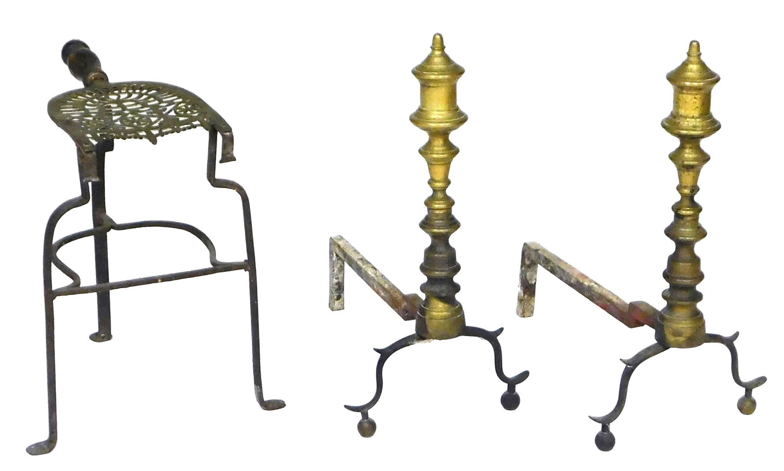 Pair of andirons and trivet, details include: 18th C. style andirons ,with pepper pot form finials,: Pair of andirons and trivet, details include: 18th C. style andirons ,with pepper pot form finials, spurred cabriole and S-shaped legs on ball feet, wrought iron backings, each: 17 1/2" h. x 9" w. x 1