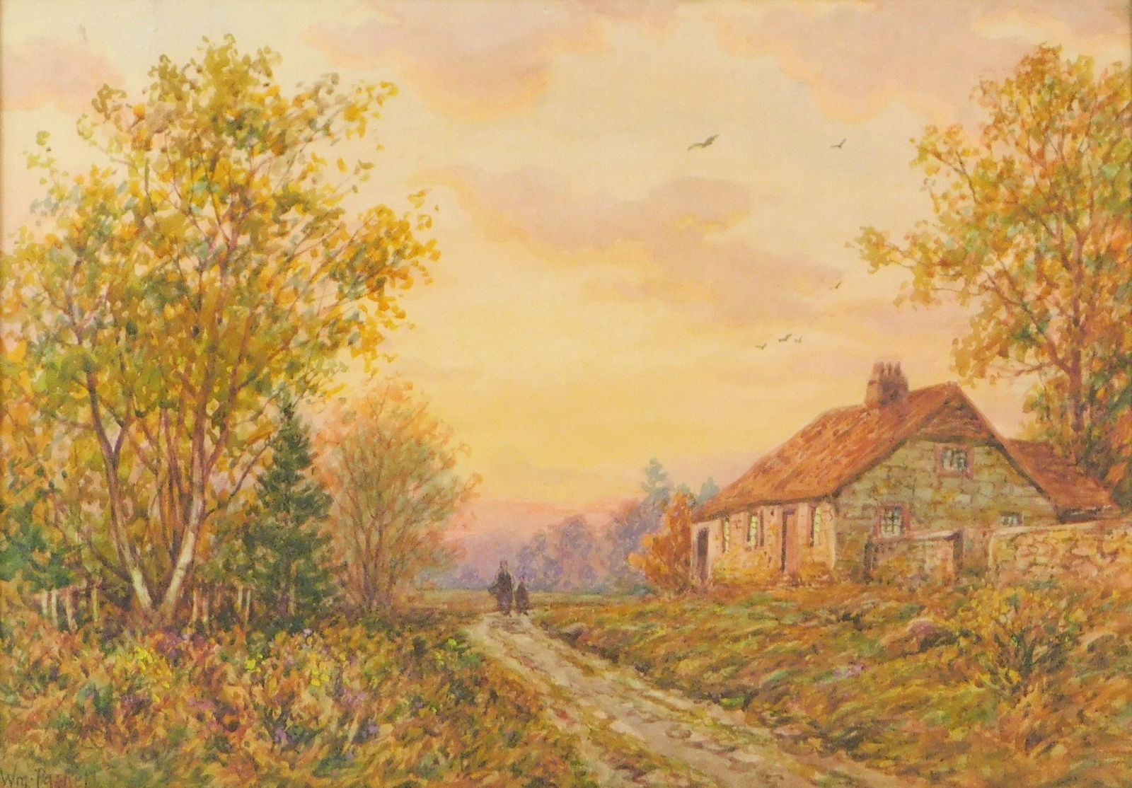 William Frederick Paskell (American, 1866 - 1951), watercolor landscape, depicts stone cottage in: William Frederick Paskell (American, 1866 - 1951), watercolor landscape, depicts stone cottage in countryside at sunset, two figures advancing towards viewer on dirt road, fall colors, clouds silhouet