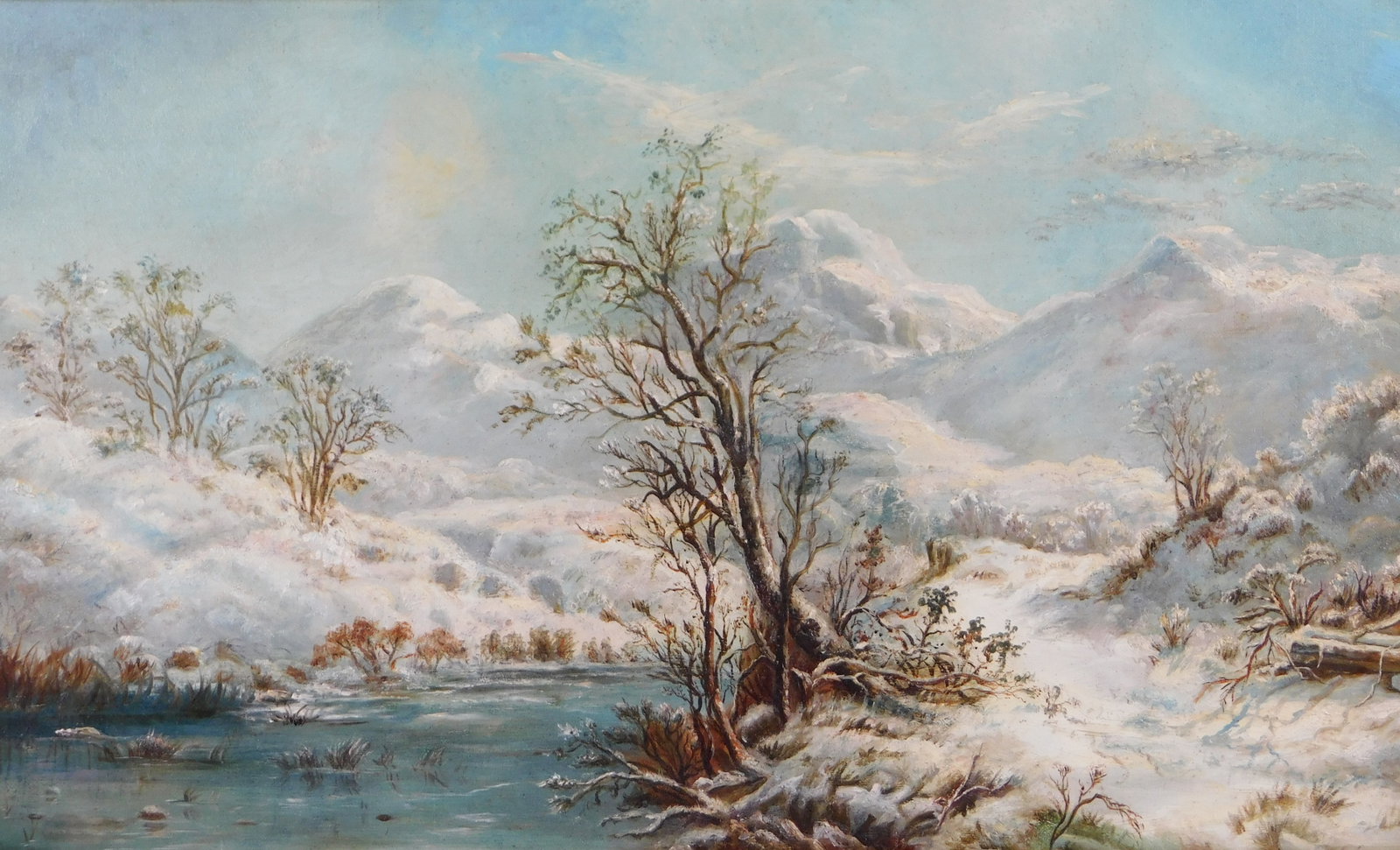 19th C. Naive snow landscape, oil on canvas, depicting a pond with snow covered trees and hills in: 19th C. Naive snow landscape, oil on canvas, depicting a pond with snow covered trees and hills in background, unsigned, Goupil gallery label verso, ornate gilt frame with foliate decoration, wear con