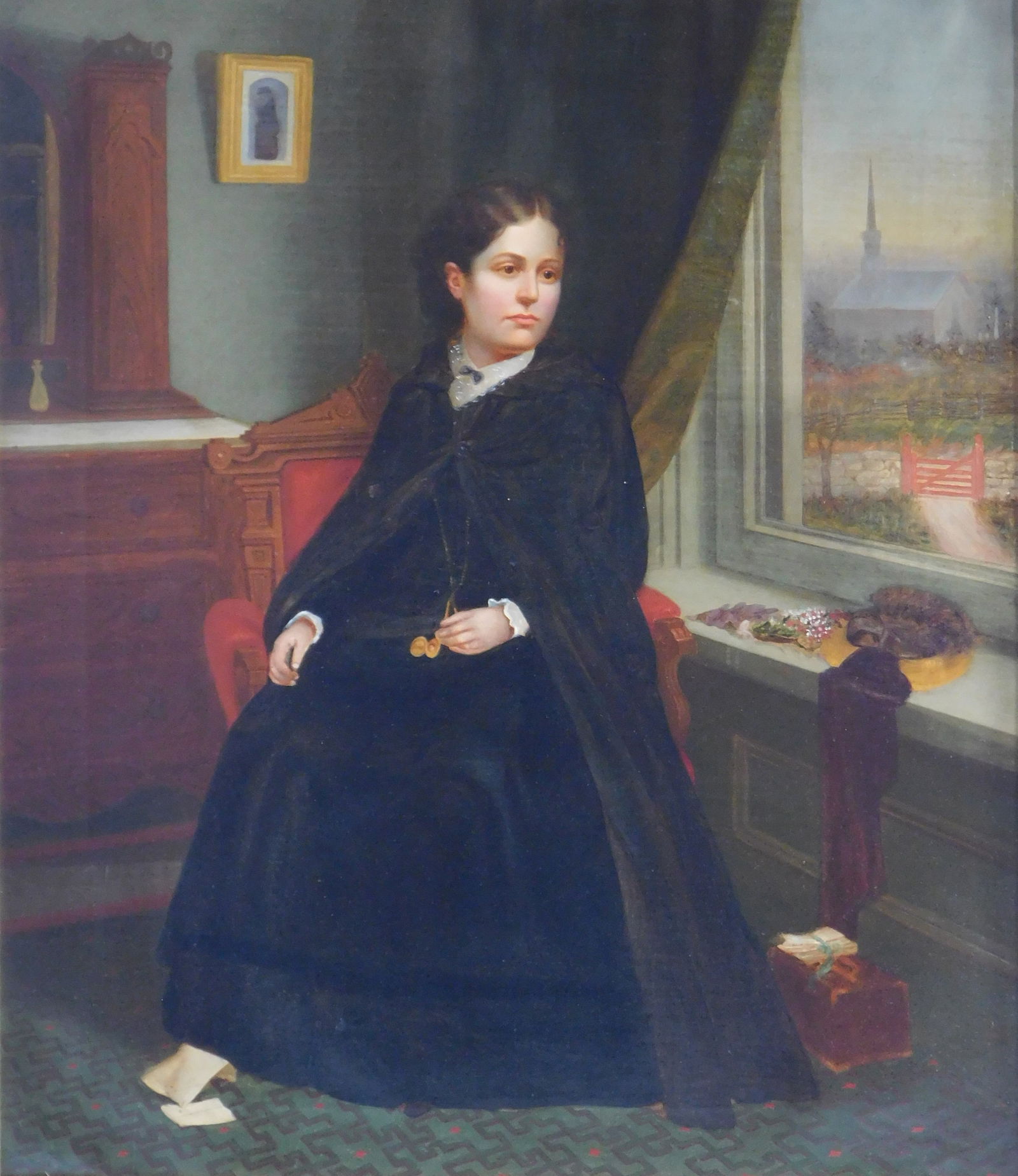 Late 19th C. Continental school portrait of a young woman, oil on canvas, woman in mourning dressed: Late 19th C. Continental school portrait of a young woman, oil on canvas, woman in mourning dressed in black, holding a locket while sitting next to a window with a view of a church, opened letter at