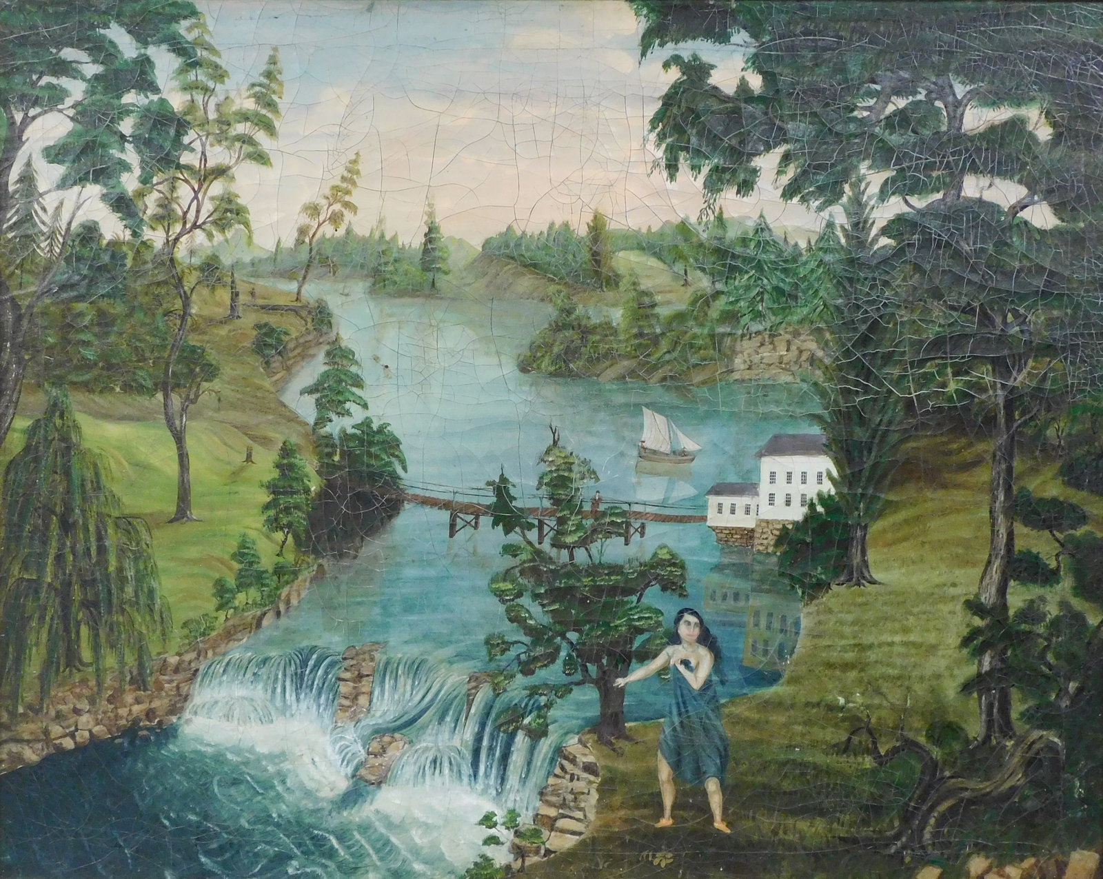 19th C. Primitive river landscape, oil on canvas, allegorical scene with waterfall, woman in: 19th C. Primitive river landscape, oil on canvas, allegorical scene with waterfall, woman in foreground wearing a dress, bridge and structure, possibly a mill, in background, along with a sail boat, w