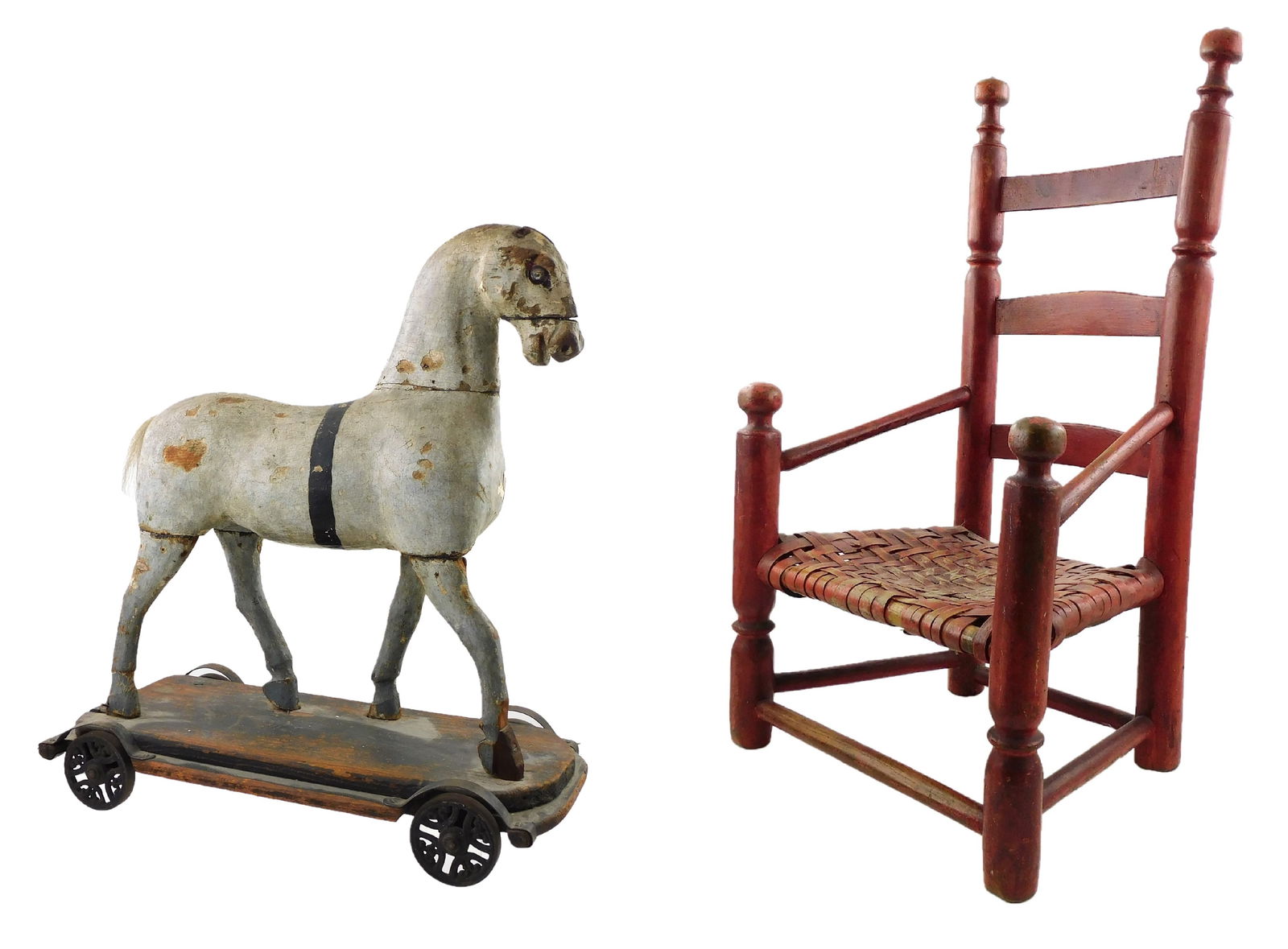 TOYS: Early horse pull toy and childs chair, including: wooden horse pull toy, 19th C., with early: TOYS: Early horse pull toy and childs chair, including: wooden horse pull toy, 19th C., with early painted finish over plaster, mounted to stand with four cast iron wheels, wear consistent with age an