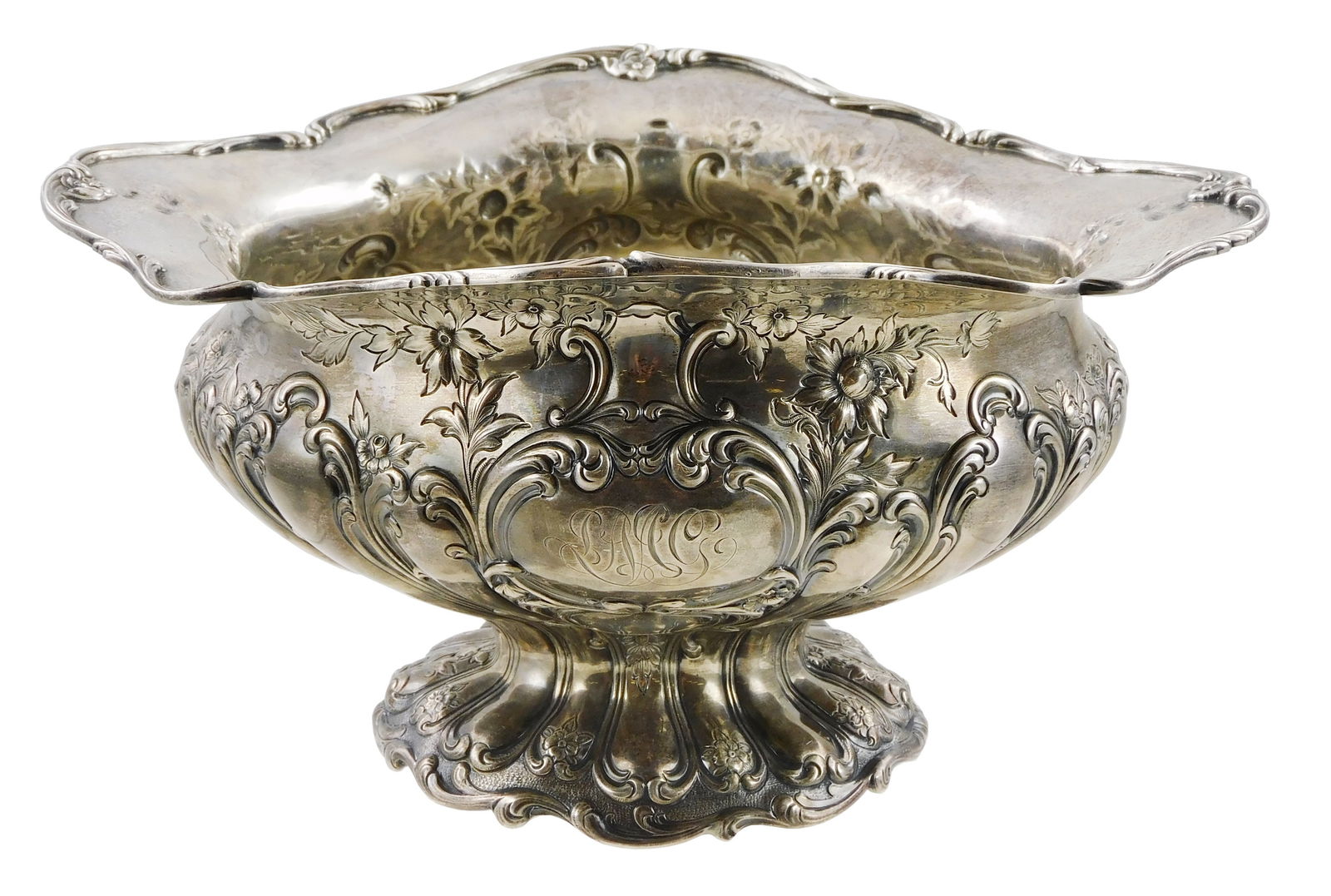 STERLING: Gorham "Chantilly-Grand" round footed centerpiece bowl, sterling silver, repousse floral: STERLING: Gorham "Chantilly-Grand" round footed centerpiece bowl, sterling silver, repousse floral and foliate decoration, ruffled edge, monogrammed at front, maker's mark stamped on foot including "A