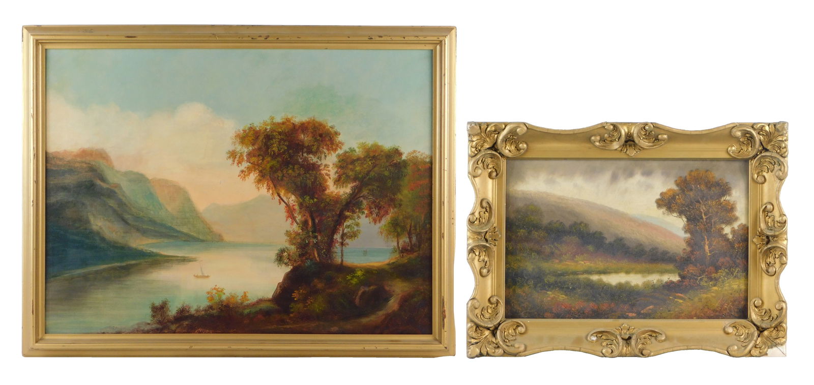 Two 19th C. framed landscapes, oil on canvas, including: a Naive landscape with trees on right bank: Two 19th C. framed landscapes, oil on canvas, including: a Naive landscape with trees on right bank of lake, small sail boat, unsigned, framed, canvas maker stamp verso, wear consistent with age, incl