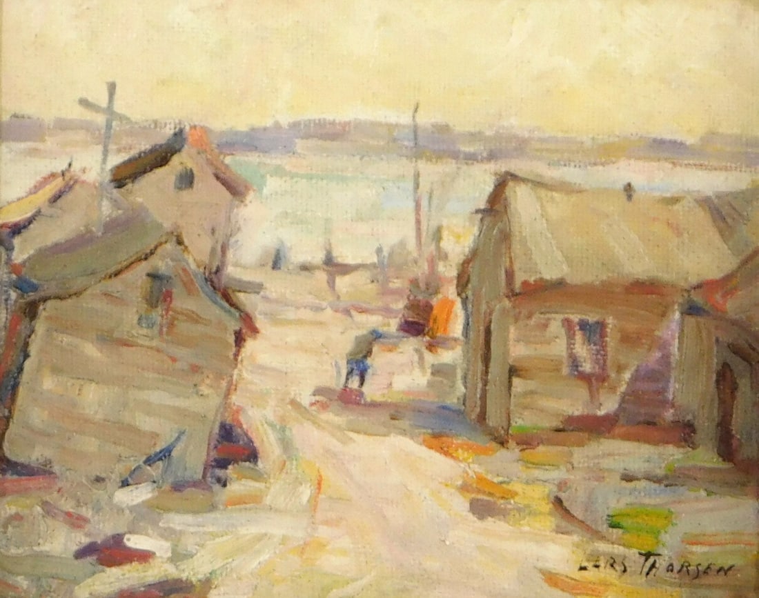 Lars Thorsen (Norwegian/Connecticut, 1877 - 1952), "North Rock, Noank", oil on canvasboard, signed: Lars Thorsen (Norwegian/Connecticut, 1877 - 1952), "North Rock, Noank", oil on canvasboard, signed lower right, depicts an Impressionistically rendered landscape of seaside town with small shanties fl