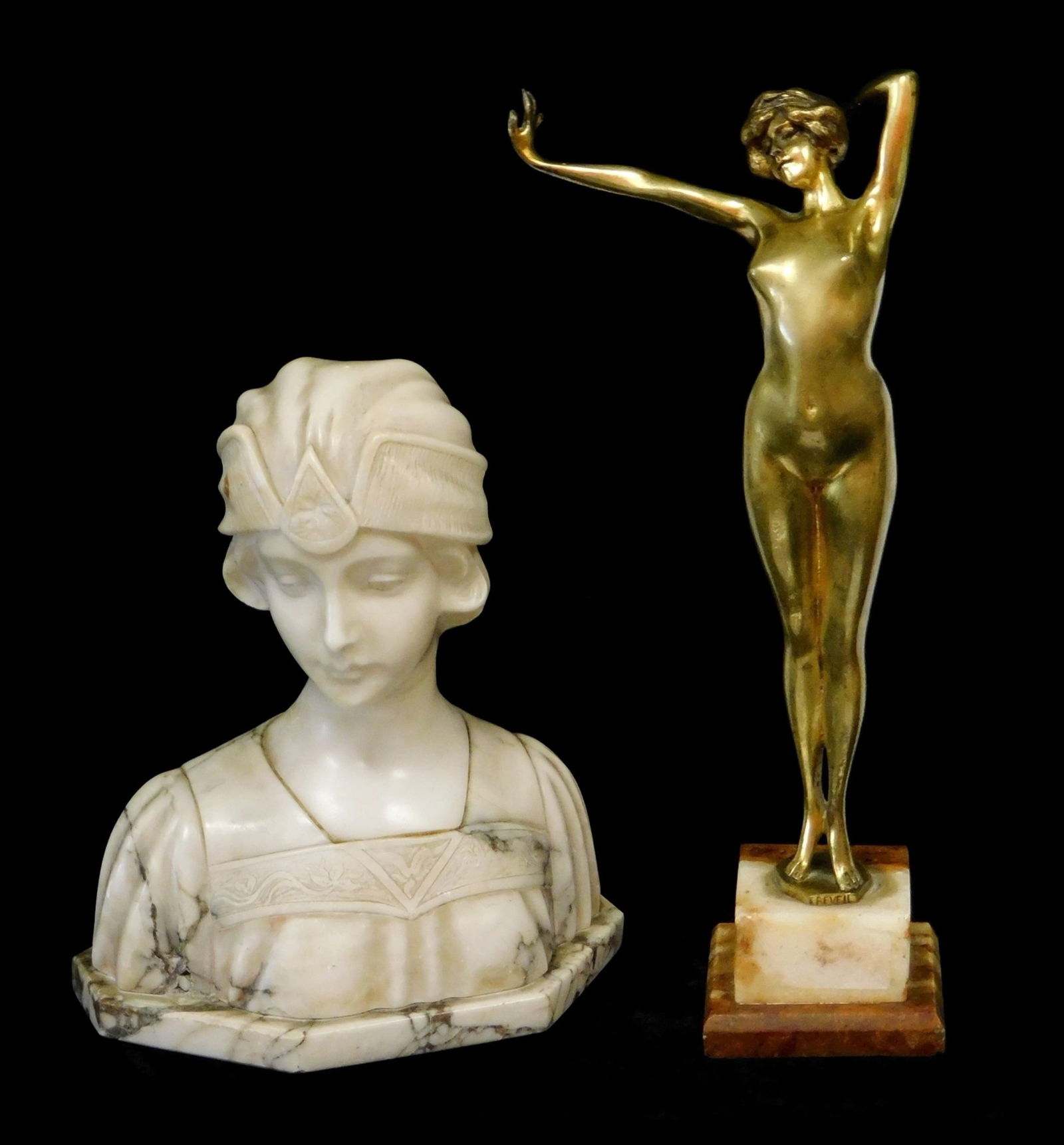 SCULPTURE: Two Deco designs, the first after Paul Philippe (1870-1930), "La Reveil (The Awakening),": SCULPTURE: Two Deco designs, the first after Paul Philippe (1870-1930), "La Reveil (The Awakening)," standing nude with gilt patina and marble base, expected surface wear, 15 1/2" h.; along with an af