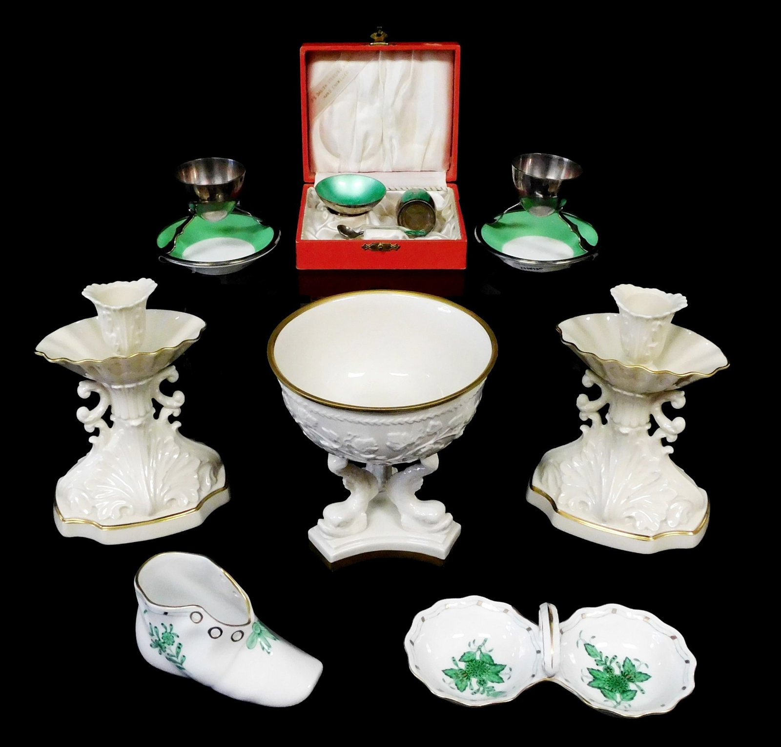 Herend, Royal Doulton, Lenox, etc., ten total pieces, 20th C., details include Herend porcelain shoe: Herend, Royal Doulton, Lenox, etc., ten total pieces, 20th C., details include Herend porcelain shoe and double-bowl candy dish, both with green floral design and gilt detailing; pair of Royal Doulton