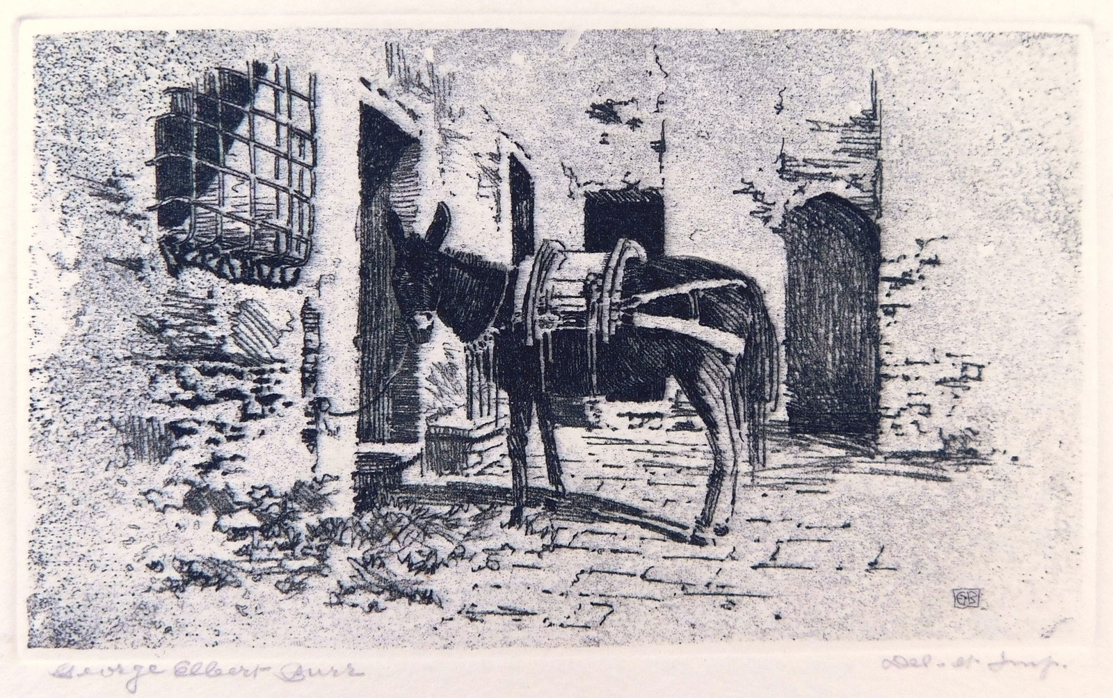 George Elbert Burr (American, 1859-1939), “Patience??, etching, a saddled horse depicted tied up: George Elbert Burr (American, 1859-1939), “Patience”, etching, a saddled horse depicted tied up outside a building with a grated window, it looks towards the viewer, signed with pencil lower l
