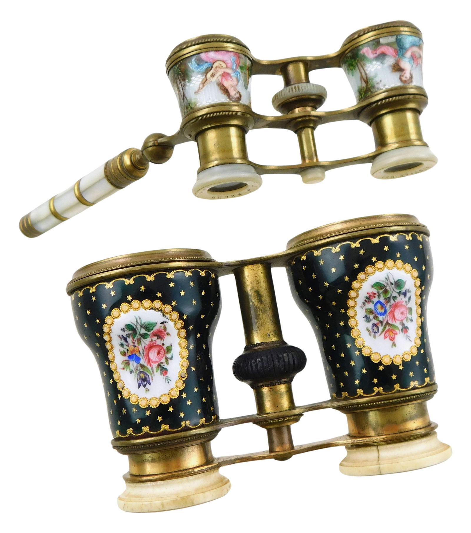 Opera glasses, two pairs, both with enamel decoration and likely French, details include: smaller: Opera glasses, two pairs, both with enamel decoration and likely French, details include: smaller pair with guilloche enamel to lens barrel of classical beauties playing musical instruments, mother of