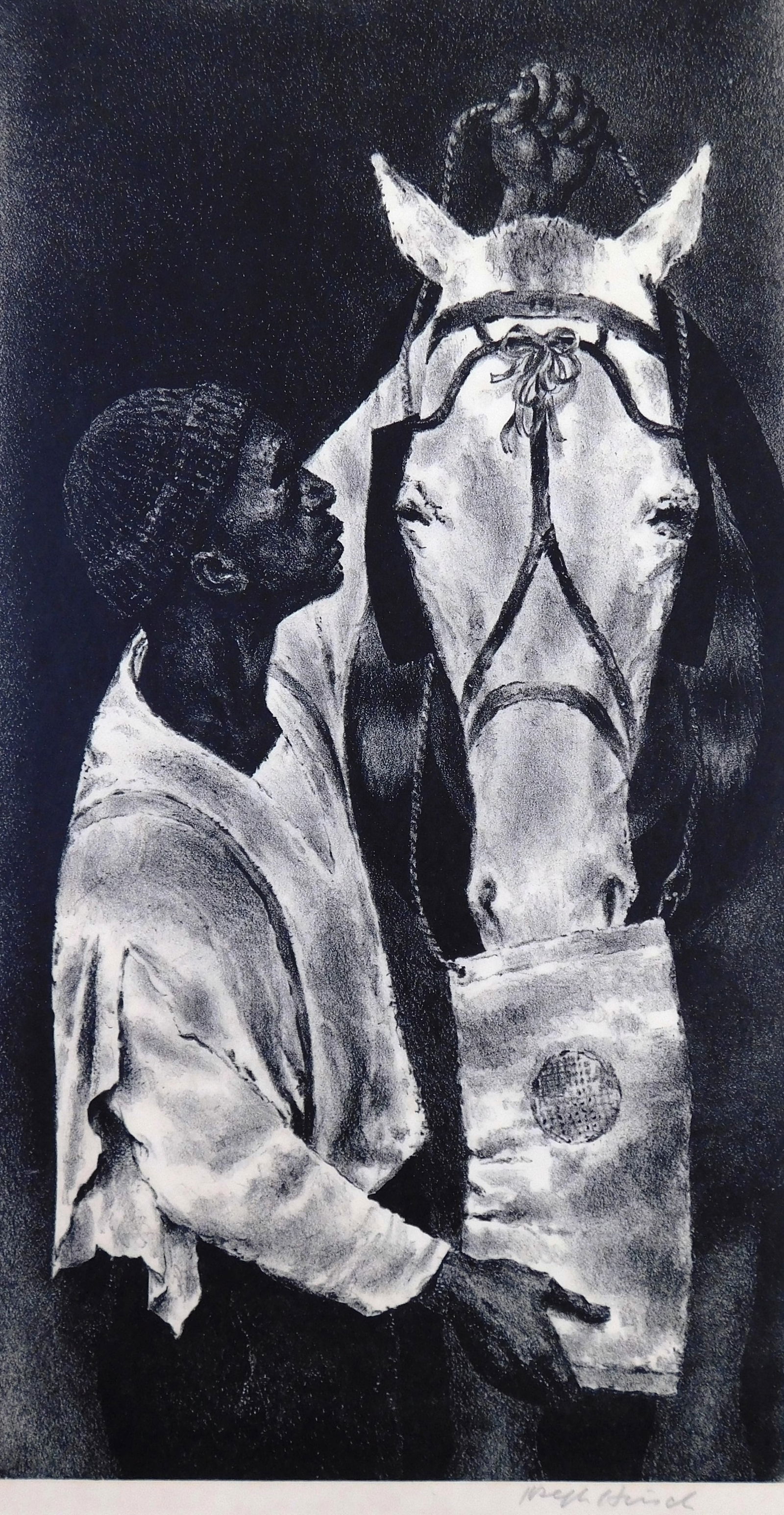 Joseph Hirsch (American, 1910-1981), “Man and Beast??, lithograph, African American man stands: Joseph Hirsch (American, 1910-1981), “Man and Beast”, lithograph, African American man stands holding the reigns of a white horse while feeding it from grain sack, dark background emphasizes t