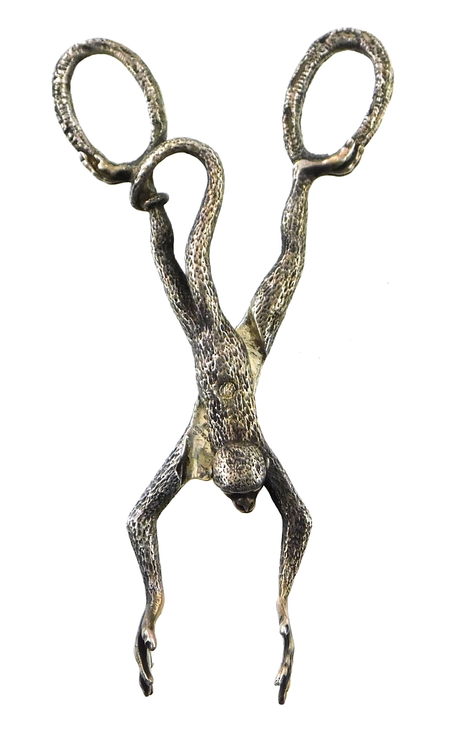 STERLING: Tiffany & Co. sterling novelty monkey sugar tongs, 20th C., monkey hanging with tail: STERLING: Tiffany & Co. sterling novelty monkey sugar tongs, 20th C., monkey hanging with tail twisted around his leg, with hands spread out to grab, marked near pivot screw, wear consistent with age 