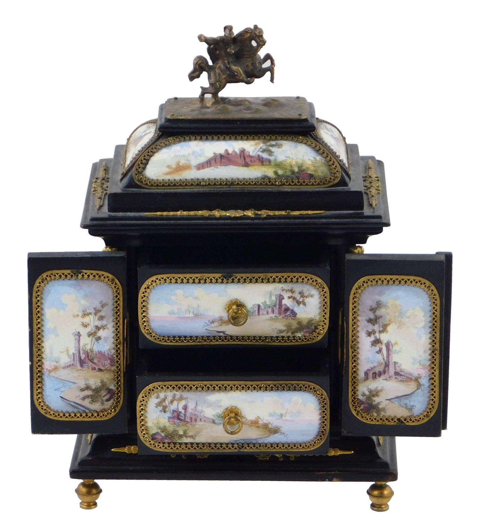 Viennese/Austrian enamel jewelry chest/casket, late 19th/20th C., gilded metal mounts on ebonized: Viennese/Austrian enamel jewelry chest/casket, late 19th/20th C., gilded metal mounts on ebonized wooden case inset with hand-painted enamel plaques of classical figural scenes and landscapes, top wit