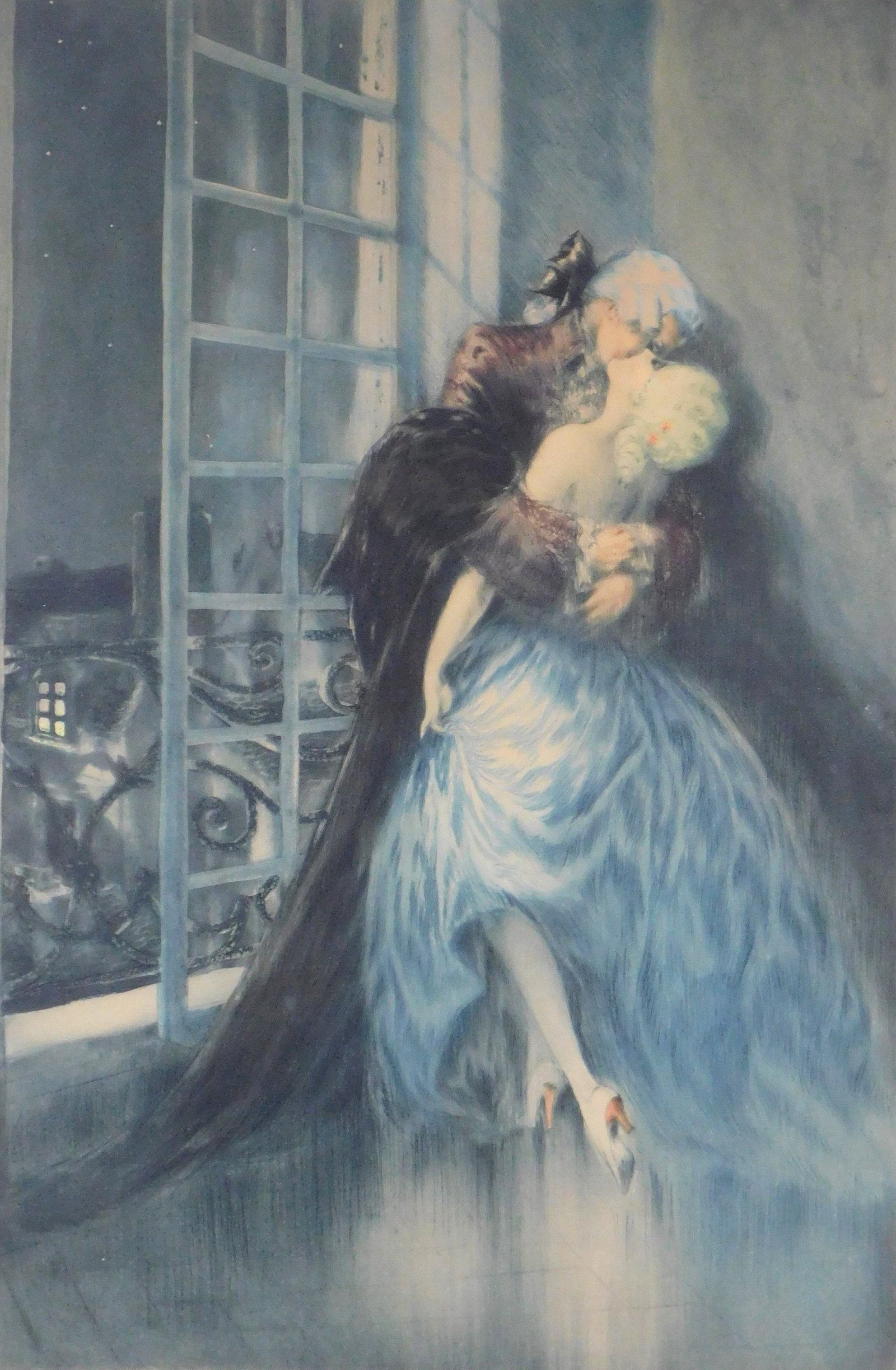 Louis Icart (French, 1888 - 1950), "Des Grieux Lovers]", drypoint etching and aquatint with gouache: Louis Icart (French, 1888 - 1950), "Des Grieux Lovers]", drypoint etching and aquatint with gouache highlights on paper, c. 1930, pencil signed and numbered A/618 or similar in pencil in lower margin 