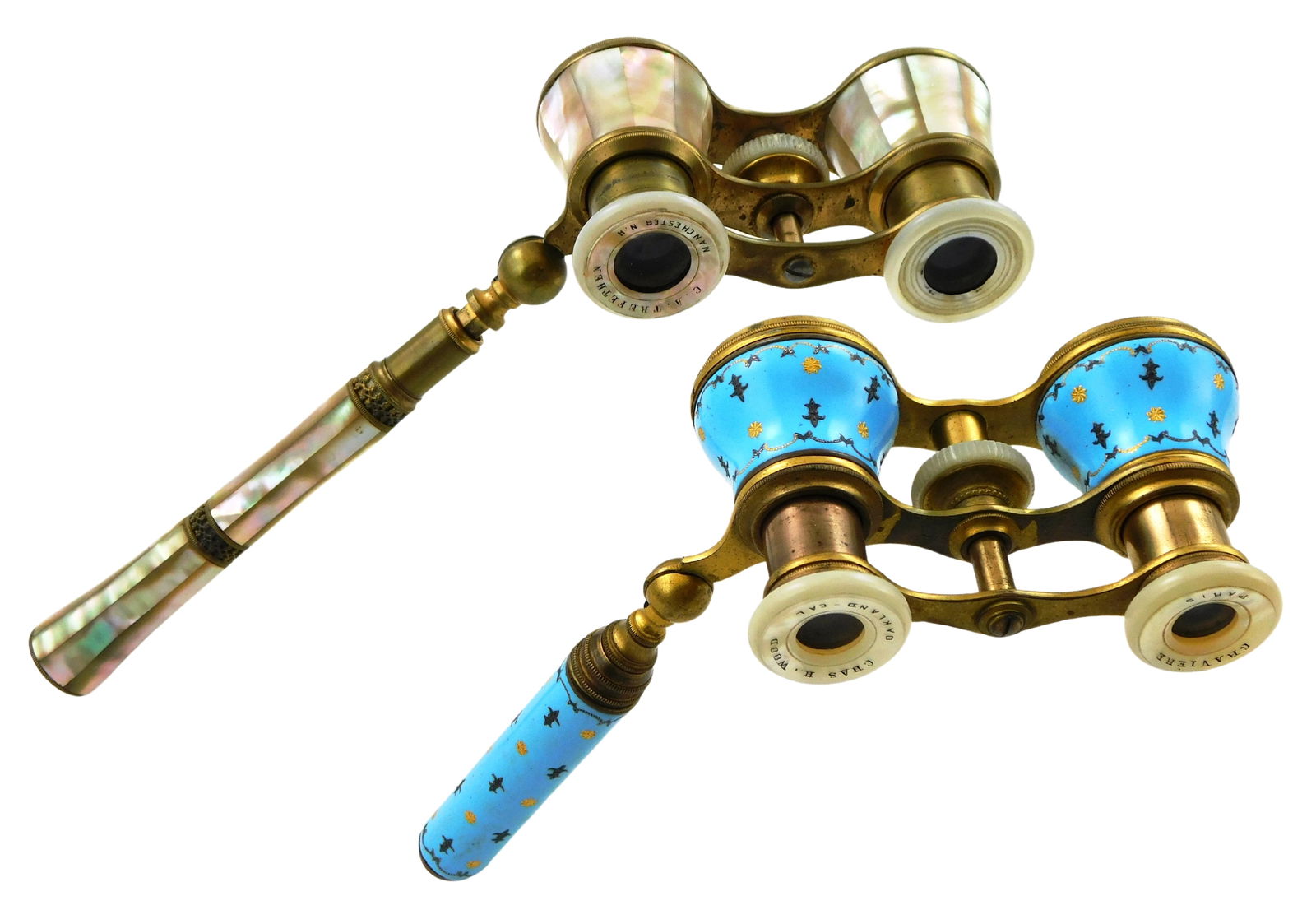French opera glasses by G. Raviere and Lemaire Fabi, two pieces, including: G. Raviere, Paris, light: French opera glasses by G. Raviere and Lemaire Fabi, two pieces, including: G. Raviere, Paris, light blue enameled lens barrel and handle featuring French motifs, brass frame and supports, folding han